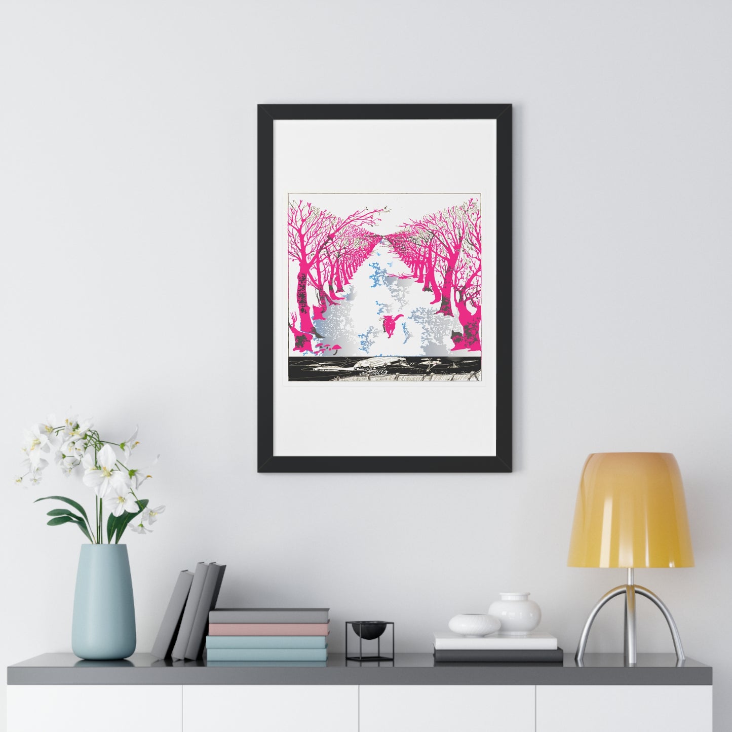 Pink Cat in the Woods Art Work Framed Vertical Poster