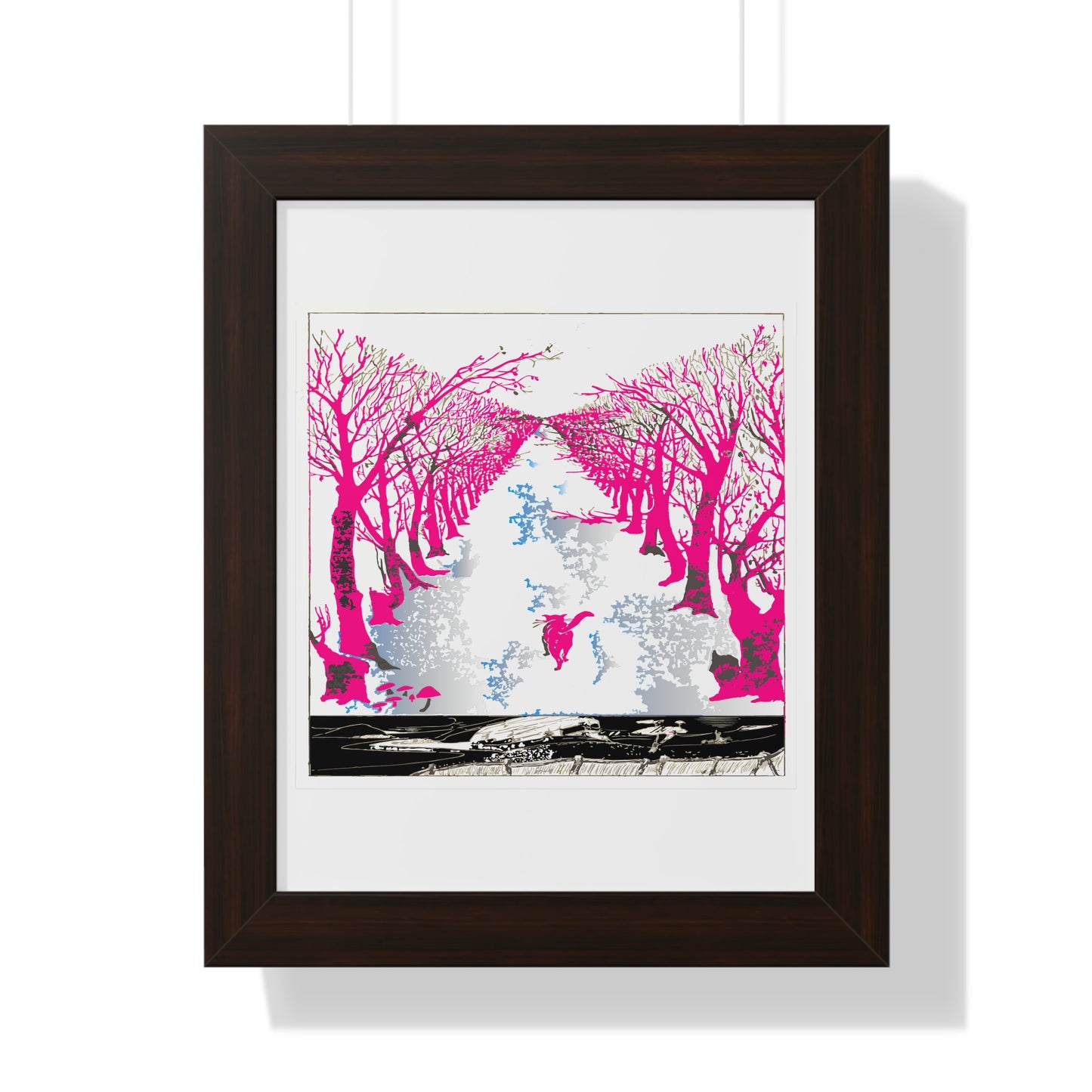 Pink Cat in the Woods Art Work Framed Vertical Poster