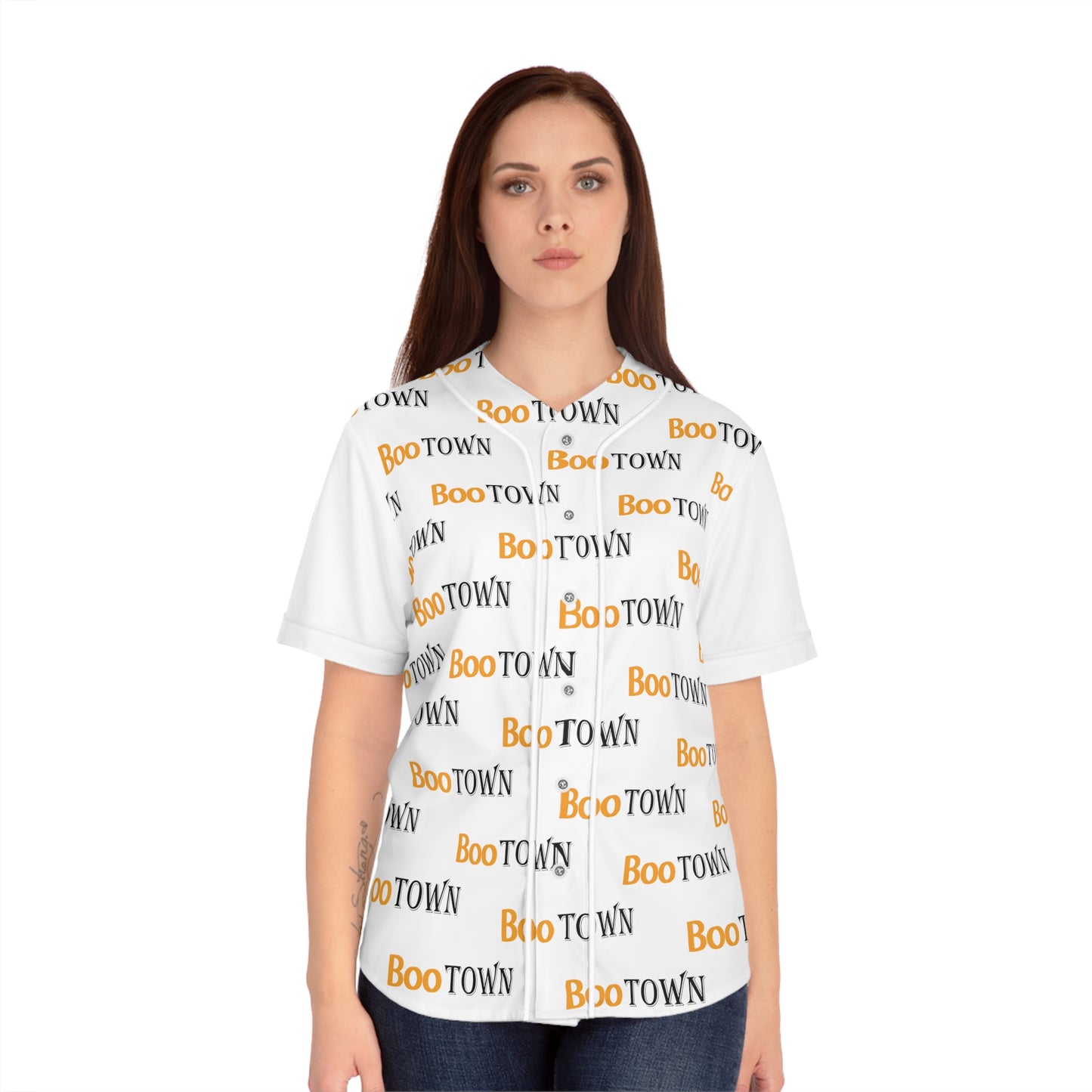 Boo Town Pattern Orange & Back Women's Baseball Jersey (AOP)