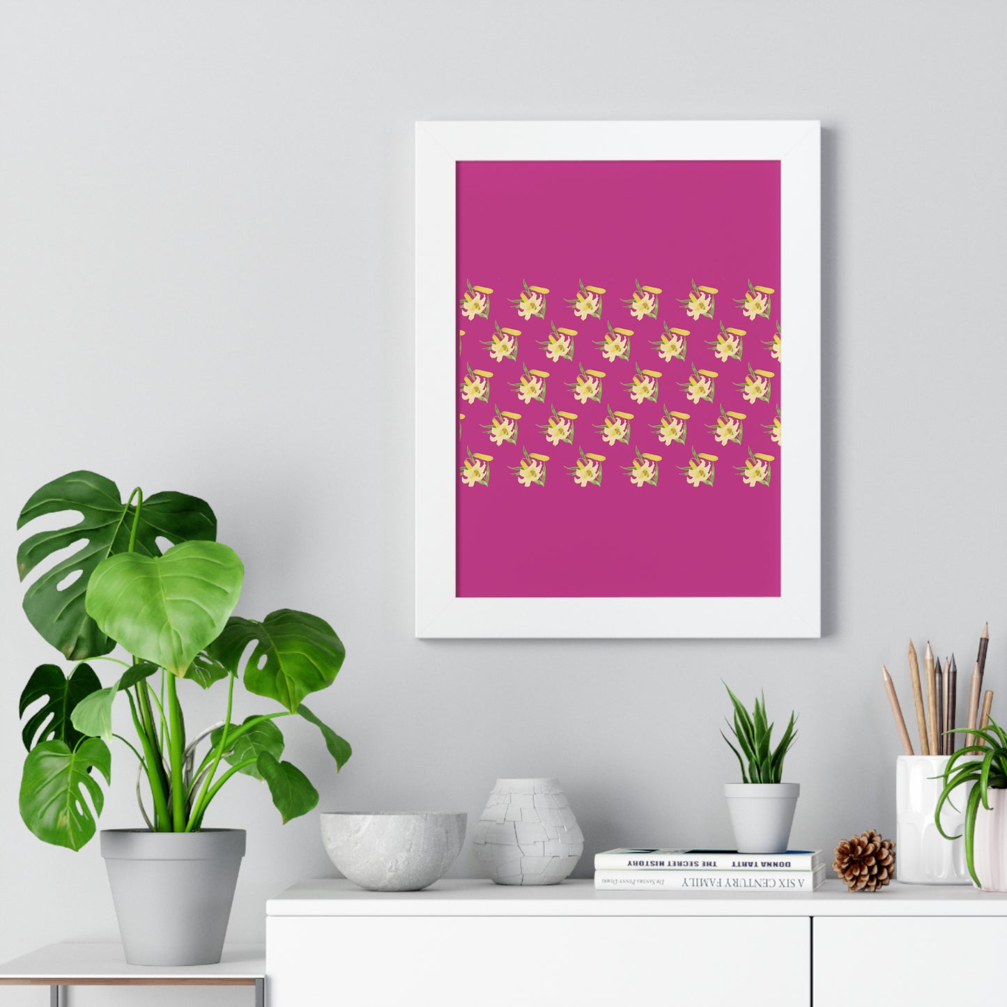 Daffodil Pattern Art Pink Framed Vertical Poster