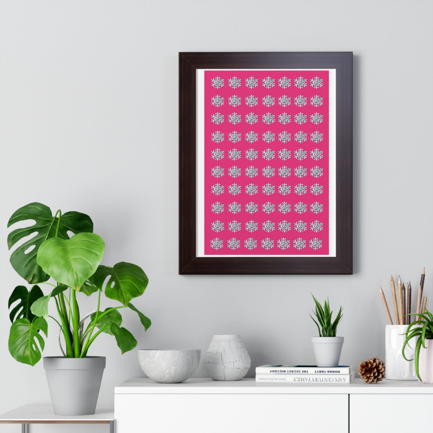 Snowflake Pattern Pink Framed Vertical Poster