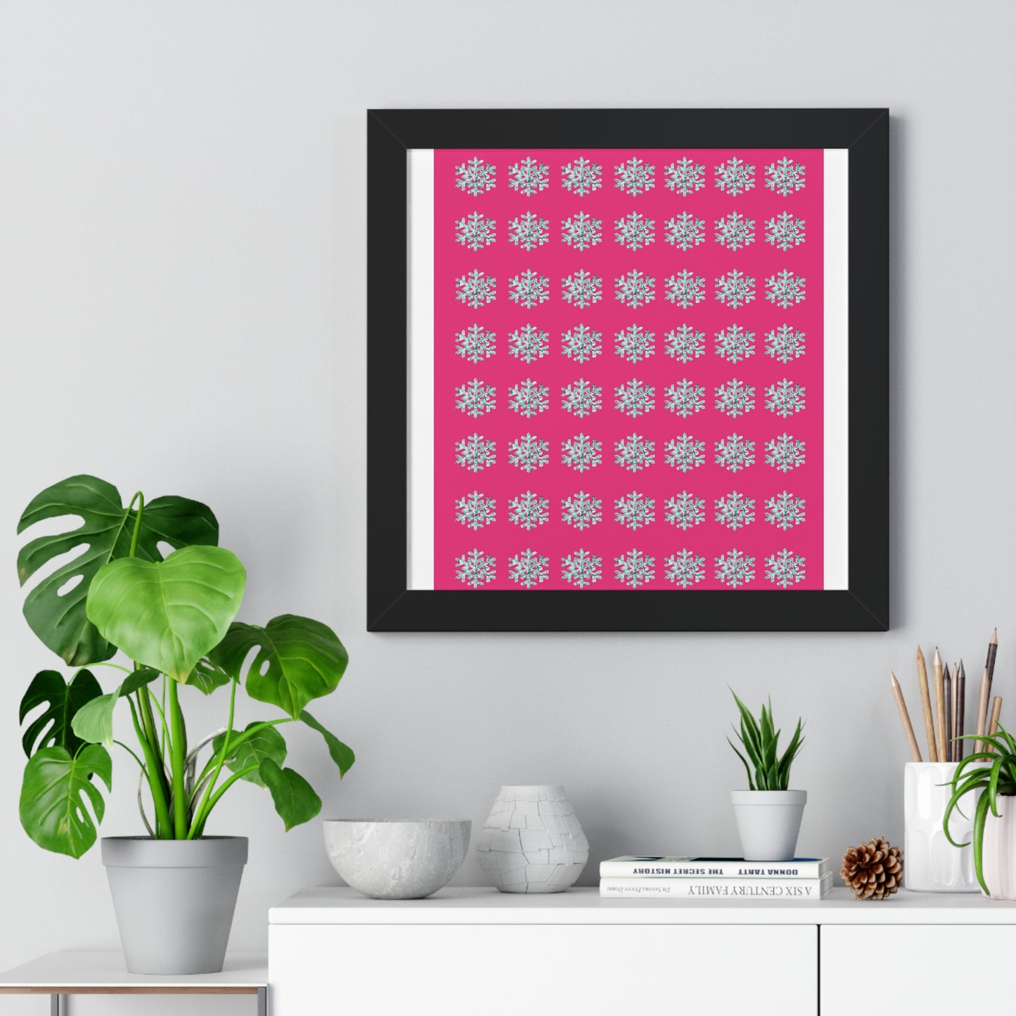 Snowflake Pattern Pink Framed Vertical Poster