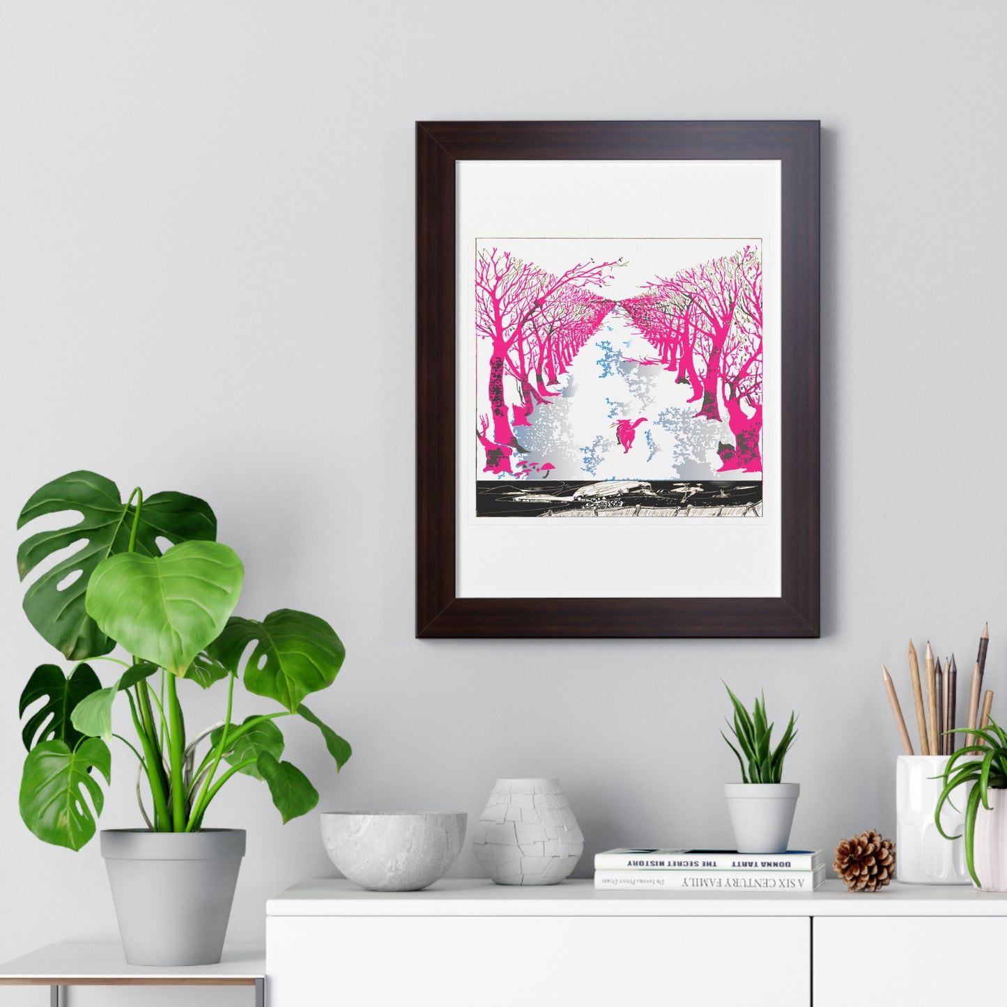 Pink Cat in the Woods Art Work Framed Vertical Poster