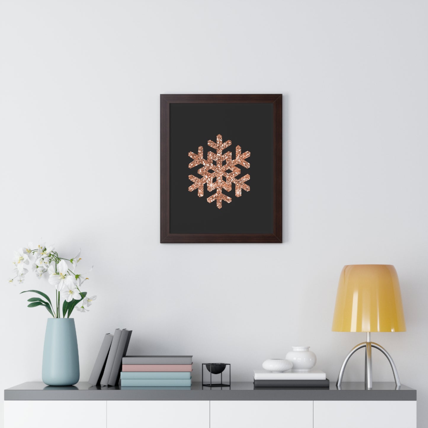 Rose Gold Snowflake Art Framed Vertical Poster