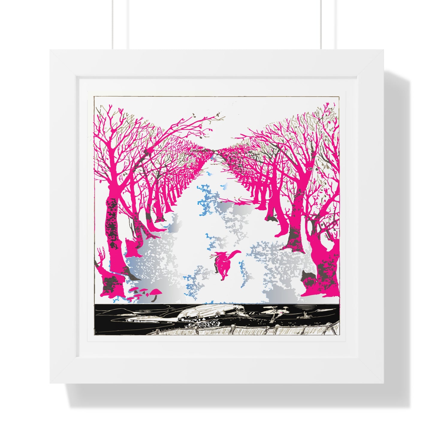 Pink Cat in the Woods Art Work Framed Vertical Poster