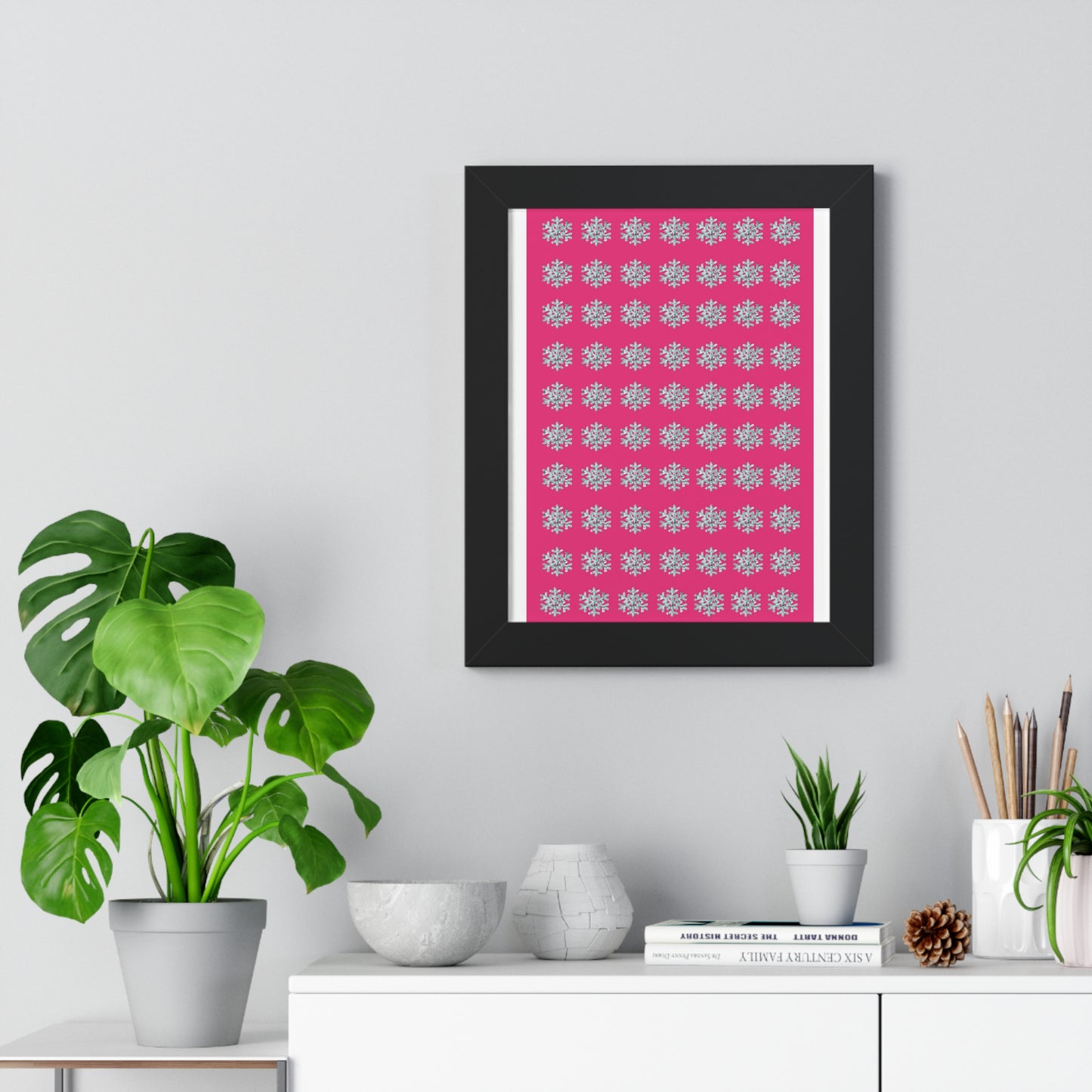 Snowflake Pattern Pink Framed Vertical Poster