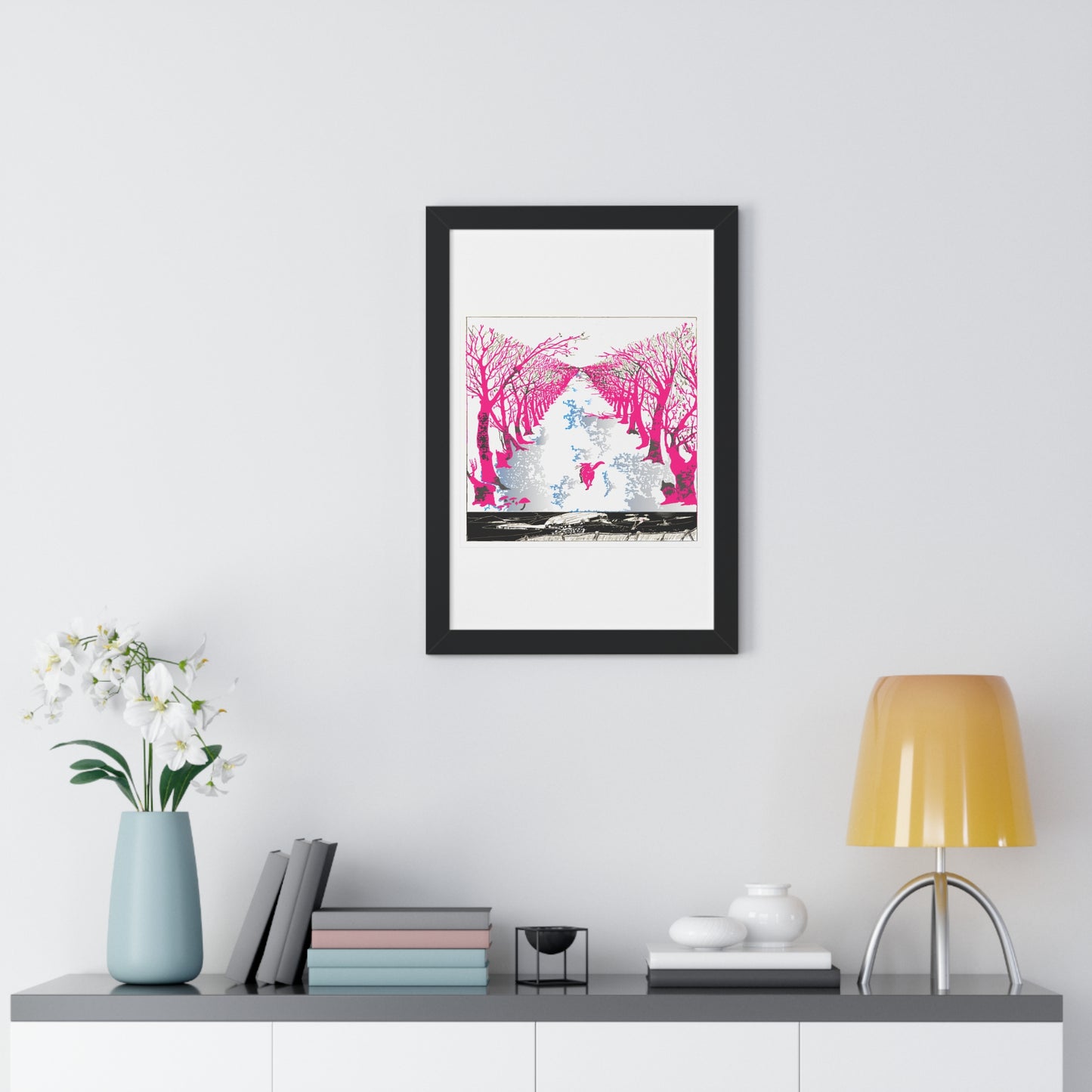 Pink Cat in the Woods Art Work Framed Vertical Poster