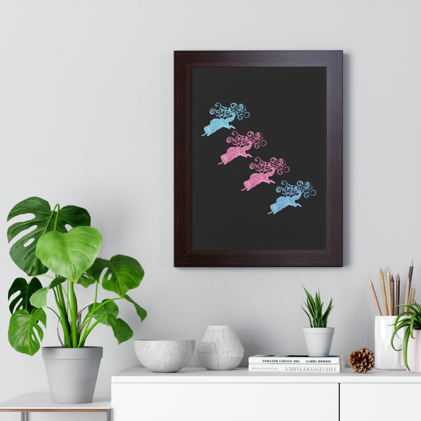 Pink & Blue Four Cat's Tail's Art Framed Vertical Poster