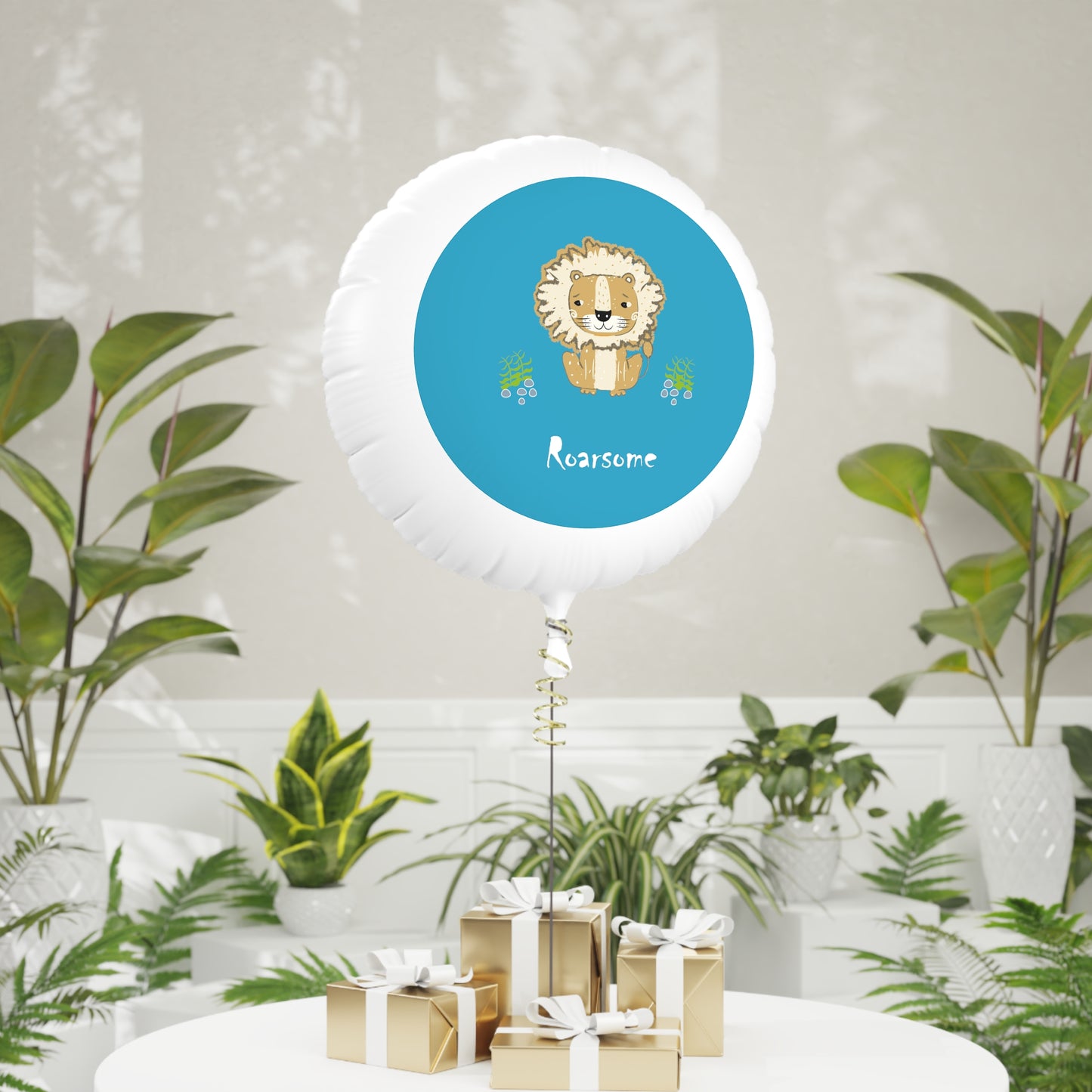 Lion Roarsome Illustration, Turquoise with white text Mylar Helium Balloon