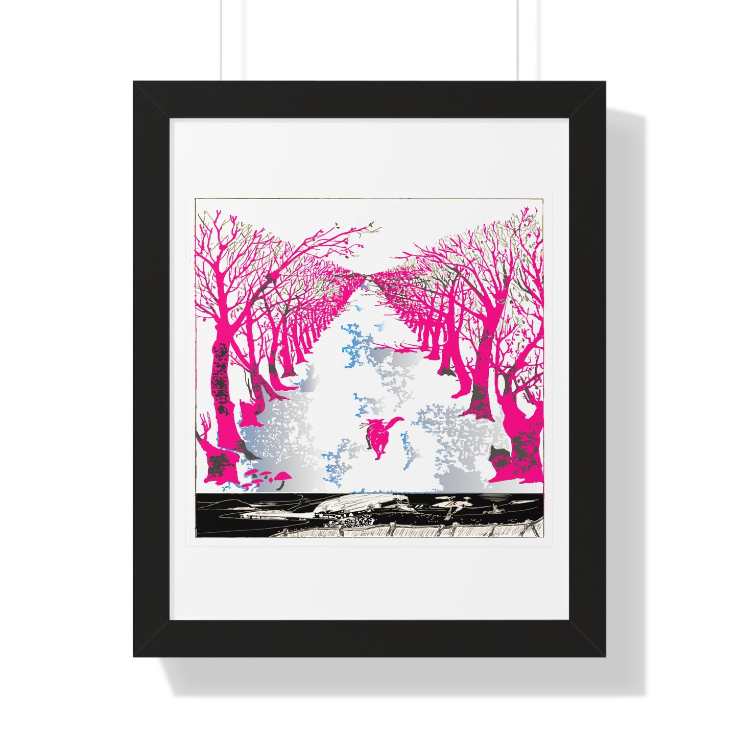 Pink Cat in the Woods Art Work Framed Vertical Poster