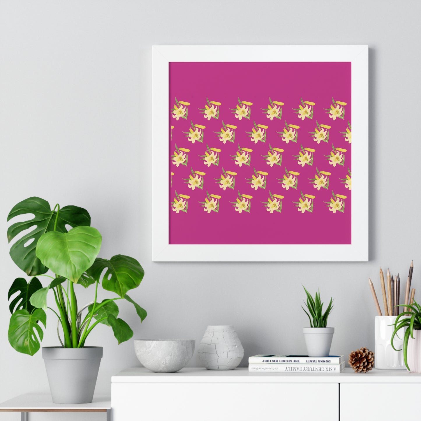 Daffodil Pattern Art Pink Framed Vertical Poster