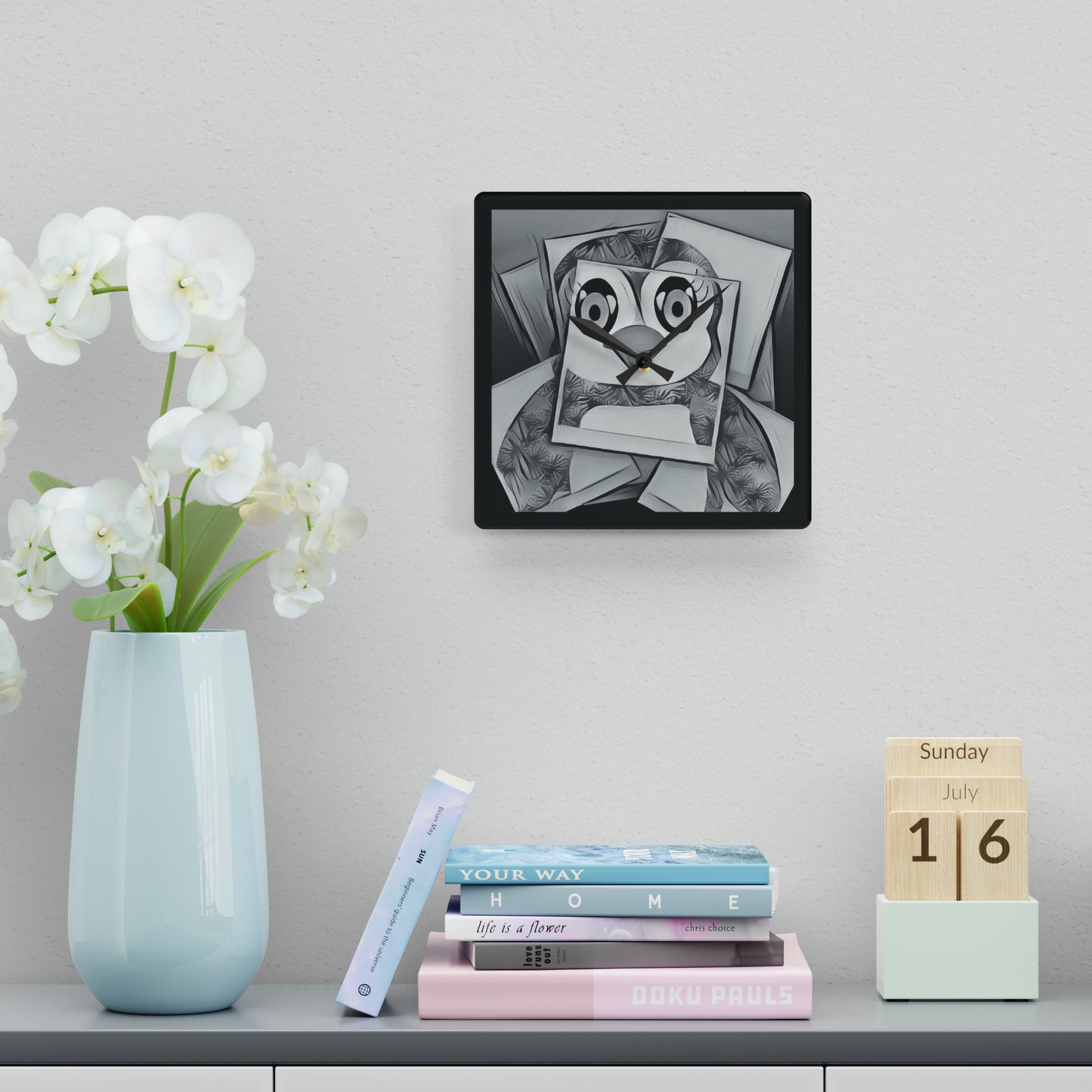 The Penguinies Black & White Photograph Acrylic Wall Clock