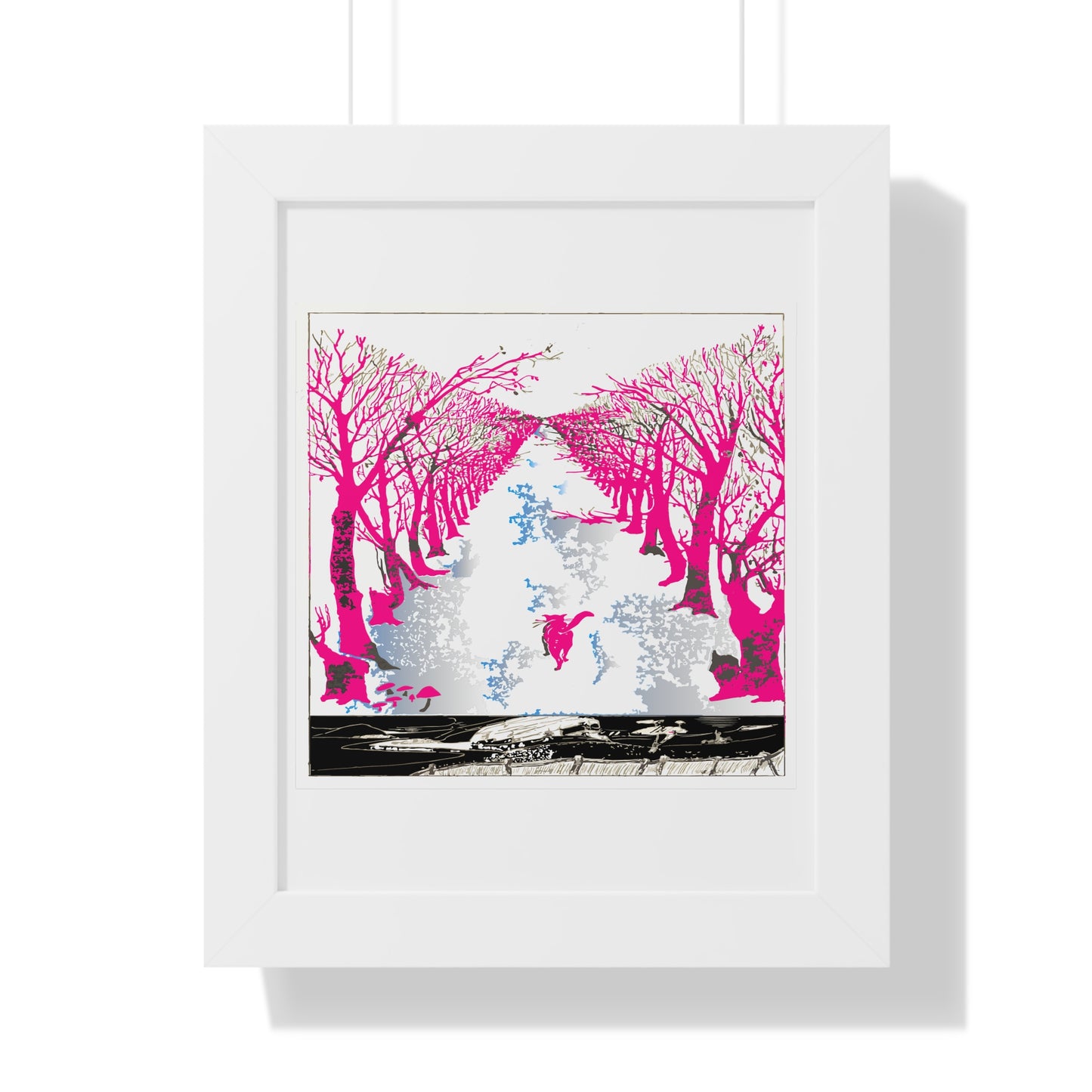 Pink Cat in the Woods Art Work Framed Vertical Poster