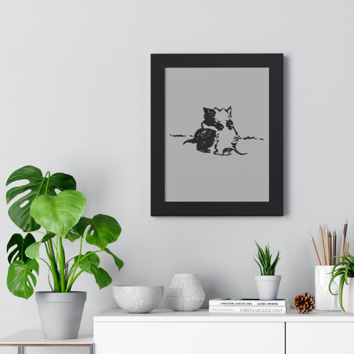 Kissing Cats Black & White Framed Vertical Poster