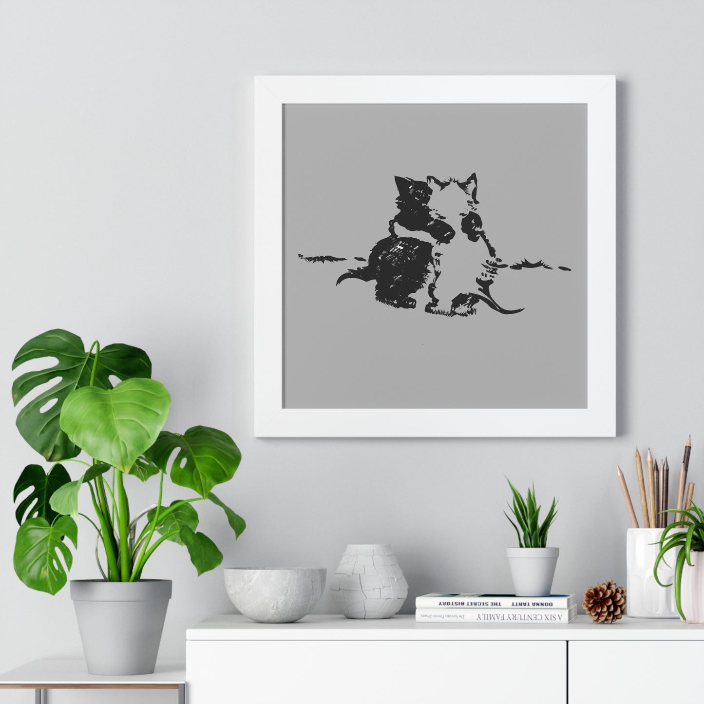 Kissing Cats Black & White Framed Vertical Poster