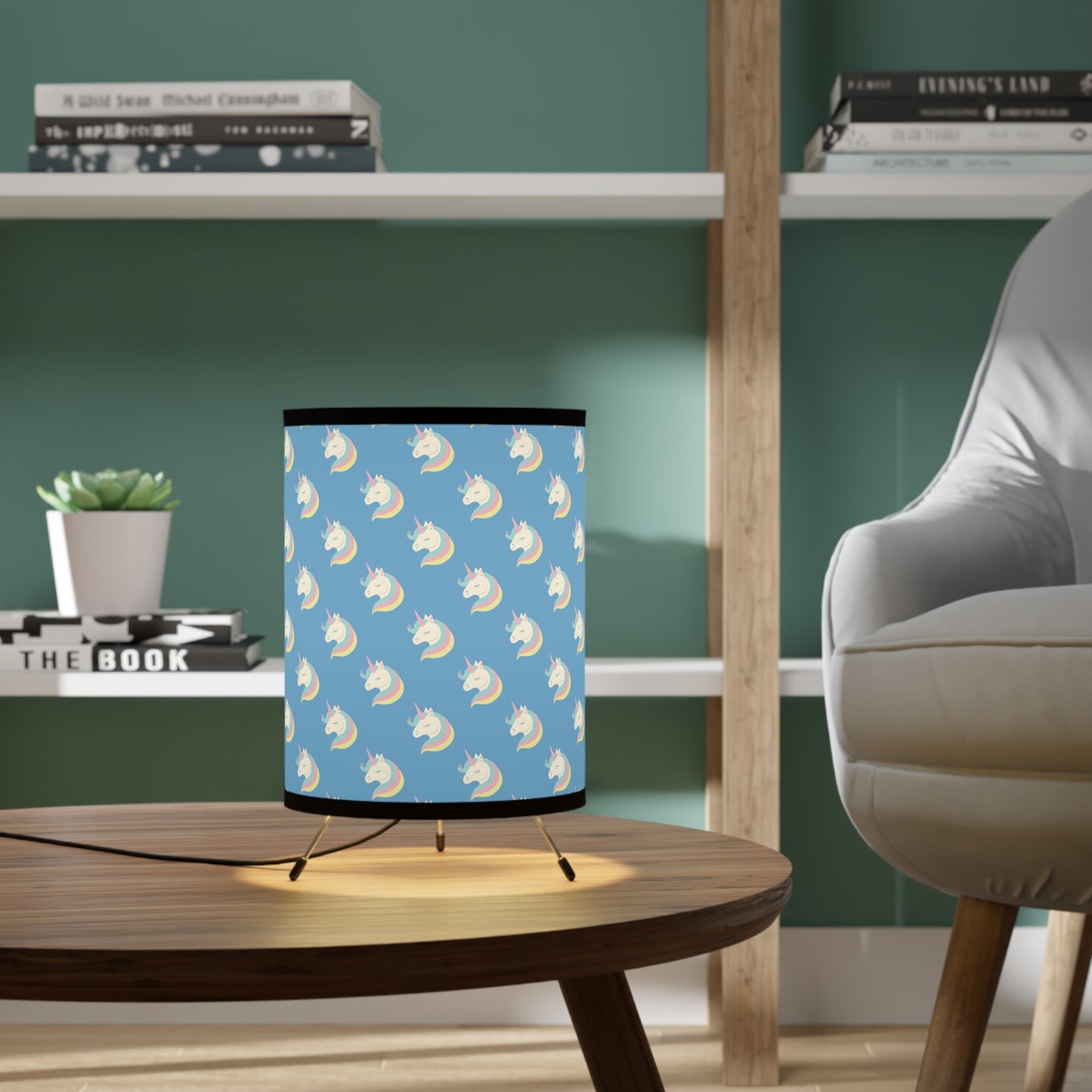 Unicorn Pattern Blue Tripod Lamp with High-Res Printed Shade, US\CA plug