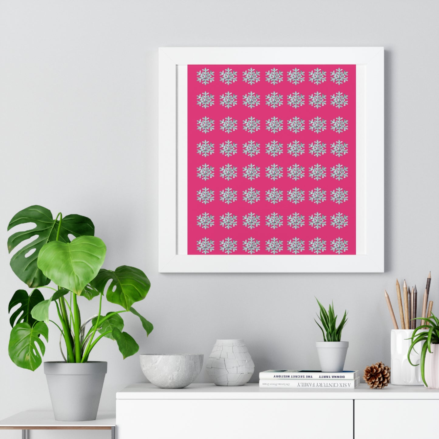 Snowflake Pattern Pink Framed Vertical Poster