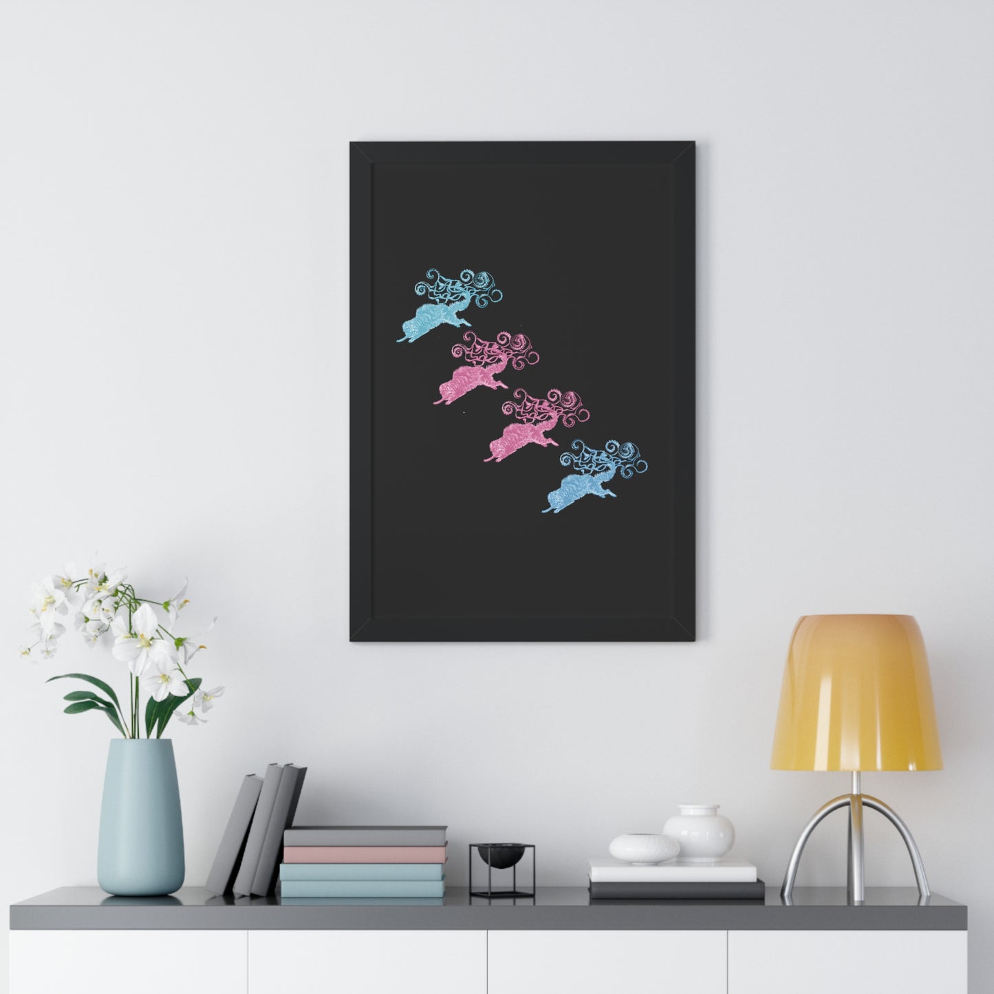 Pink & Blue Four Cat's Tail's Art Framed Vertical Poster