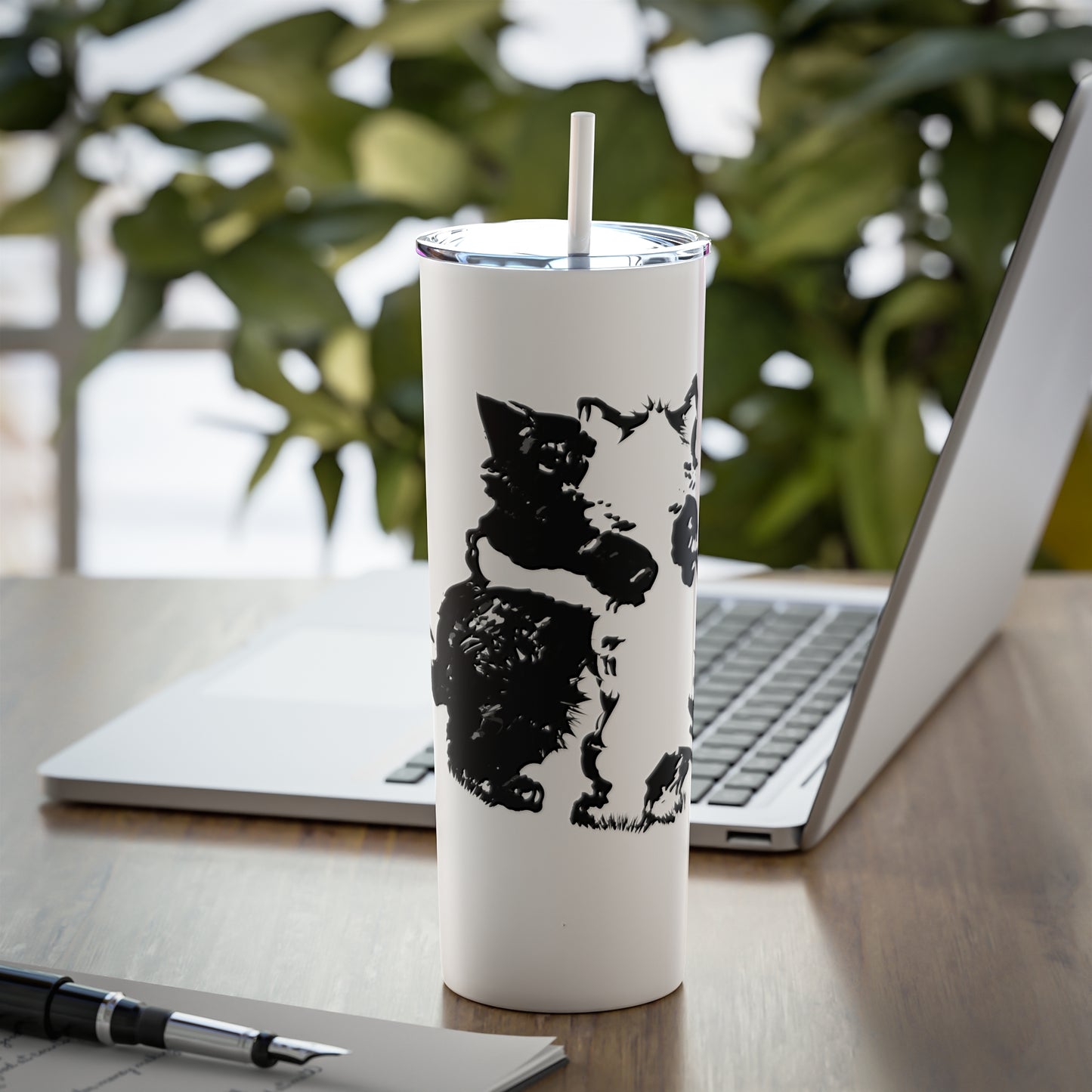 Kissing Cats Black & White Skinny Steel Tumbler with Straw, 20oz