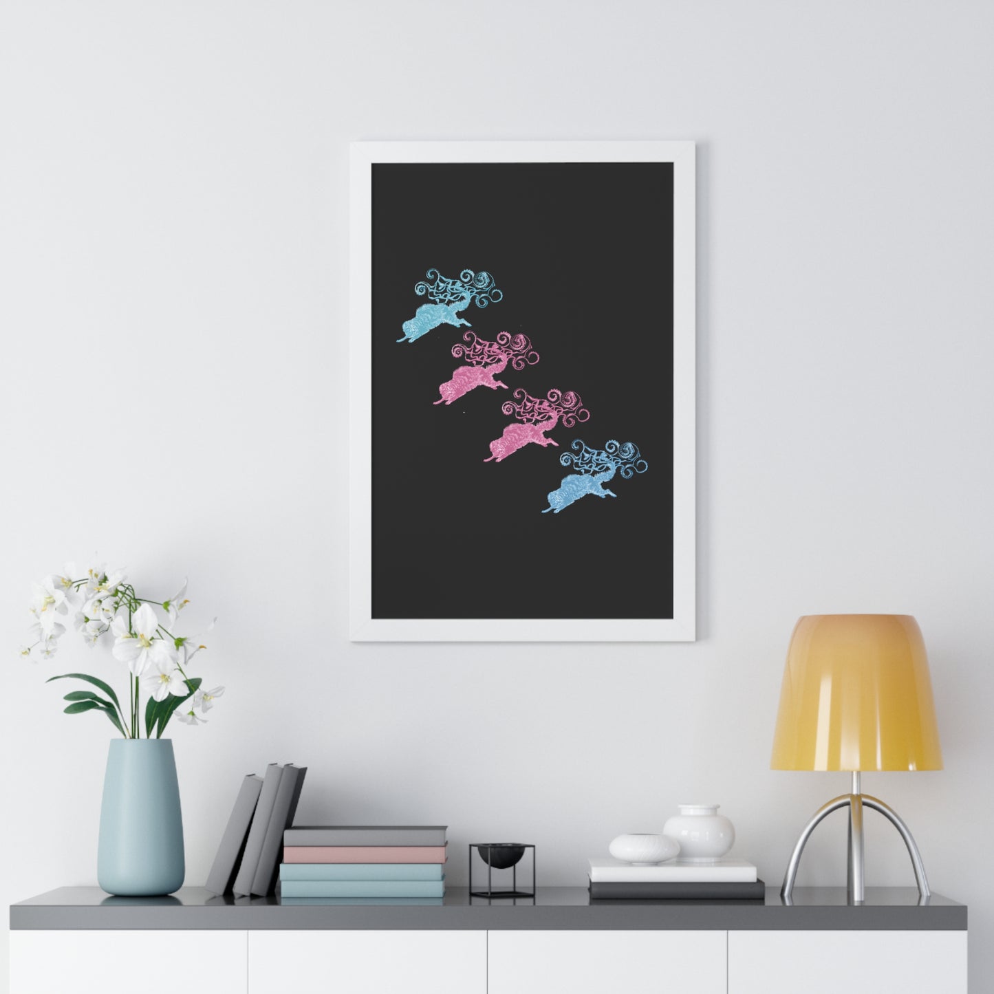 Pink & Blue Four Cat's Tail's Art Framed Vertical Poster