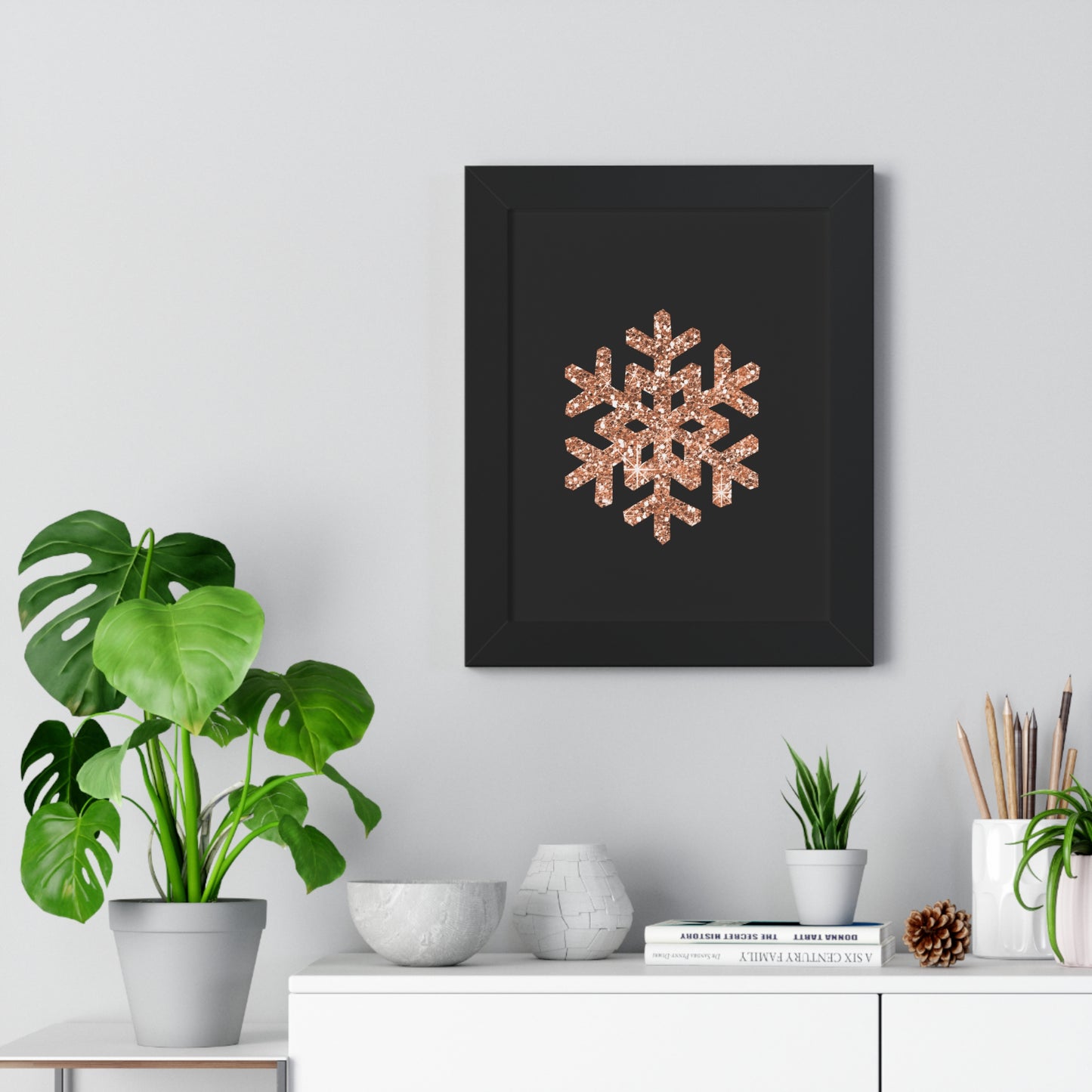 Rose Gold Snowflake Art Framed Vertical Poster