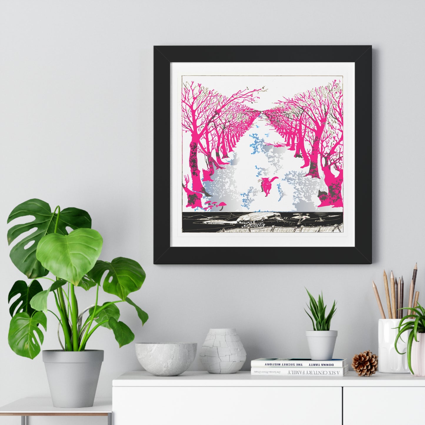 Pink Cat in the Woods Art Work Framed Vertical Poster