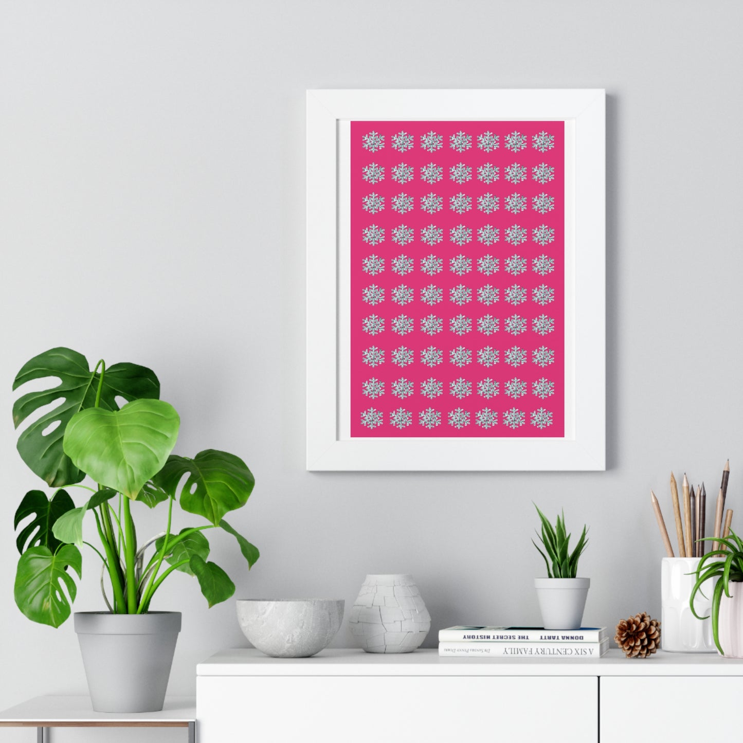 Snowflake Pattern Pink Framed Vertical Poster