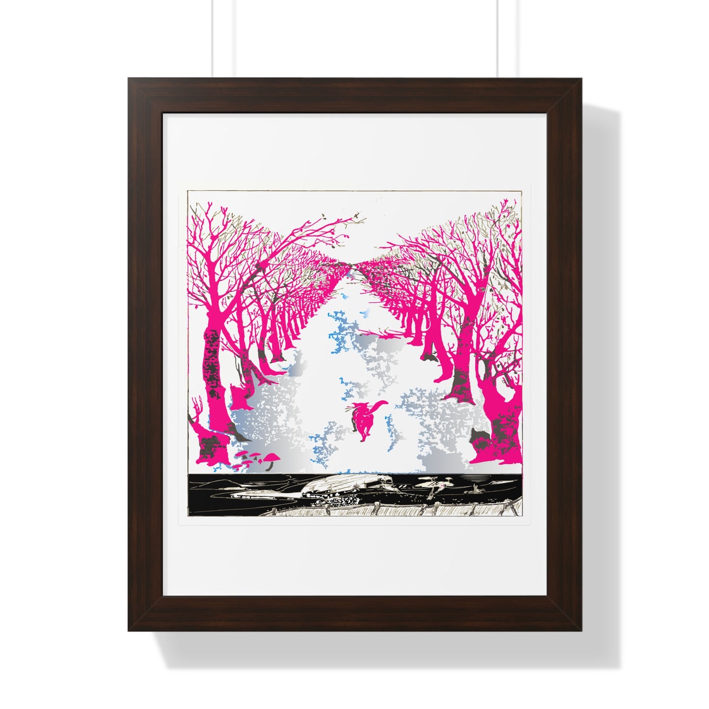 Pink Cat in the Woods Art Work Framed Vertical Poster