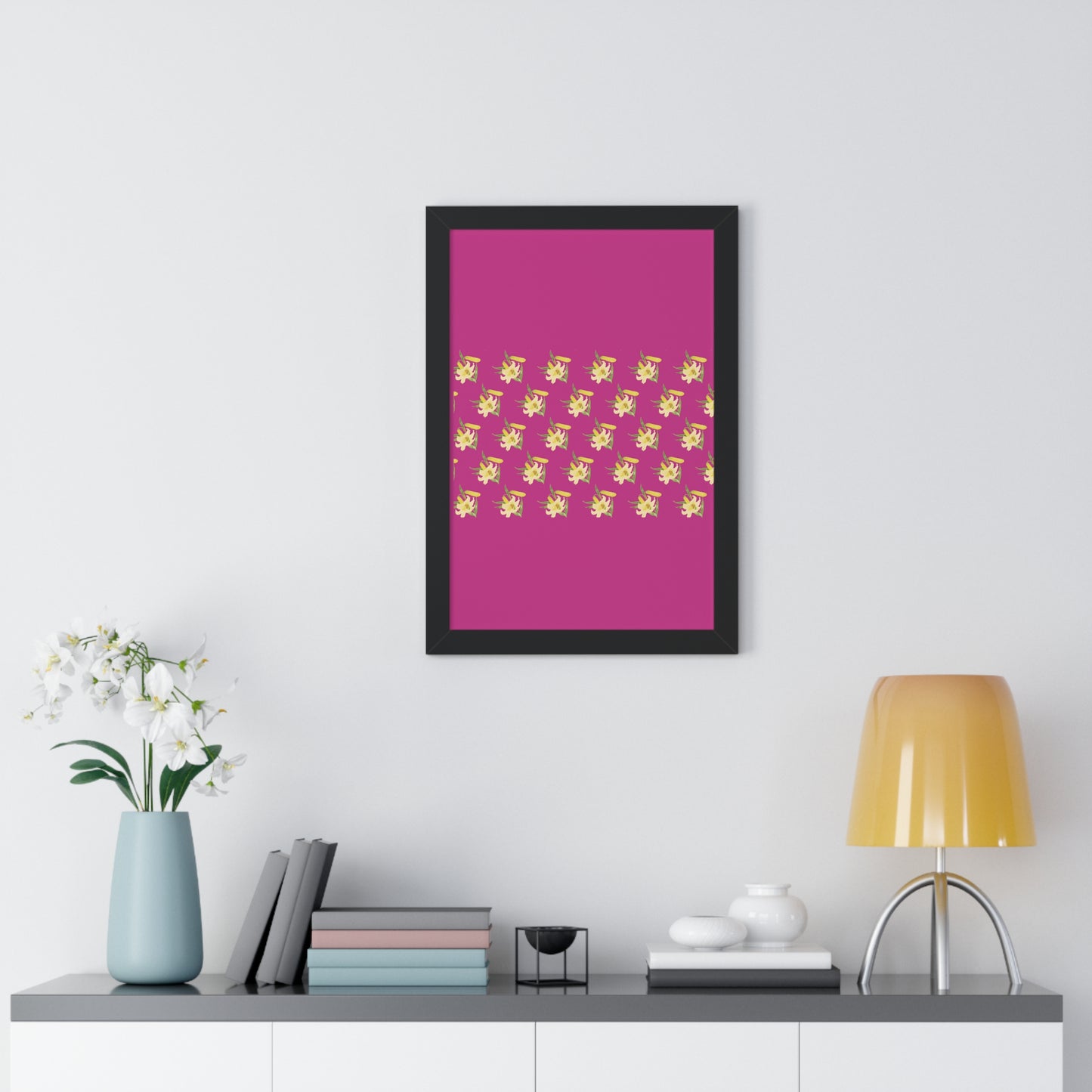 Daffodil Pattern Art Pink Framed Vertical Poster