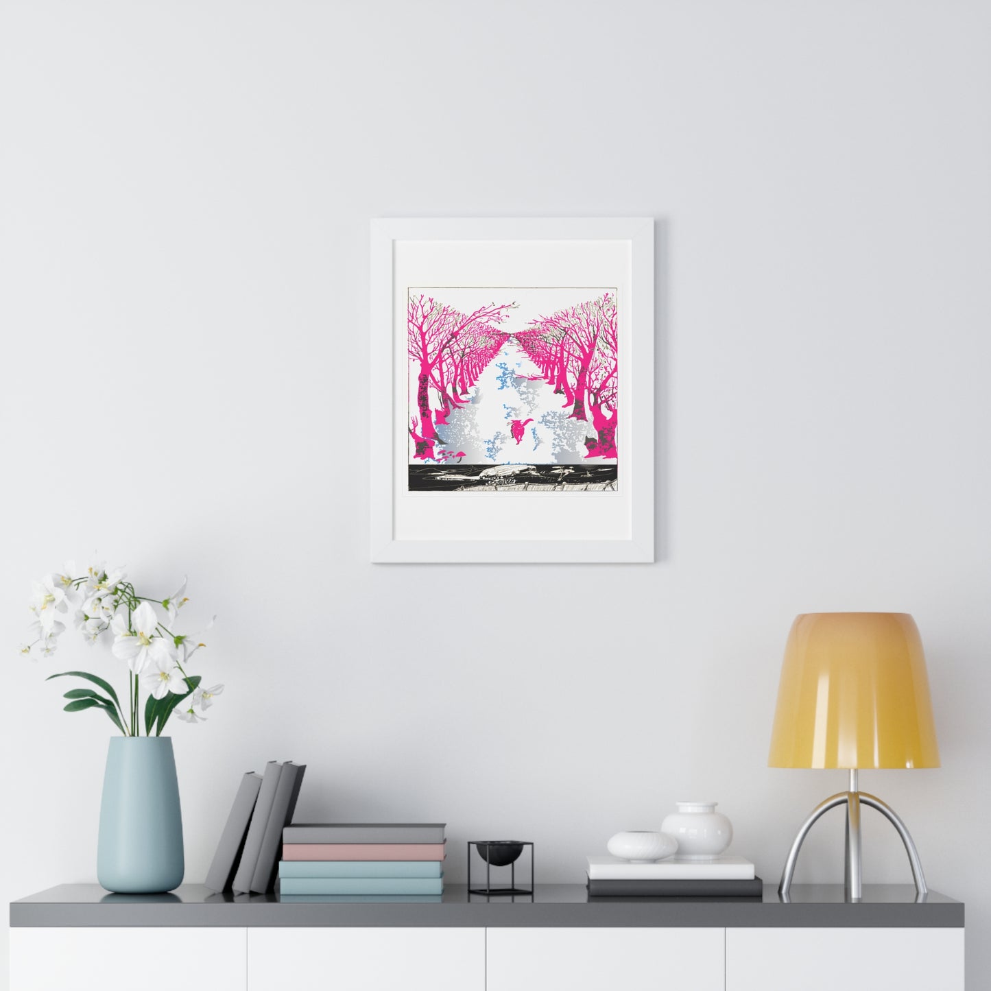 Pink Cat in the Woods Art Work Framed Vertical Poster