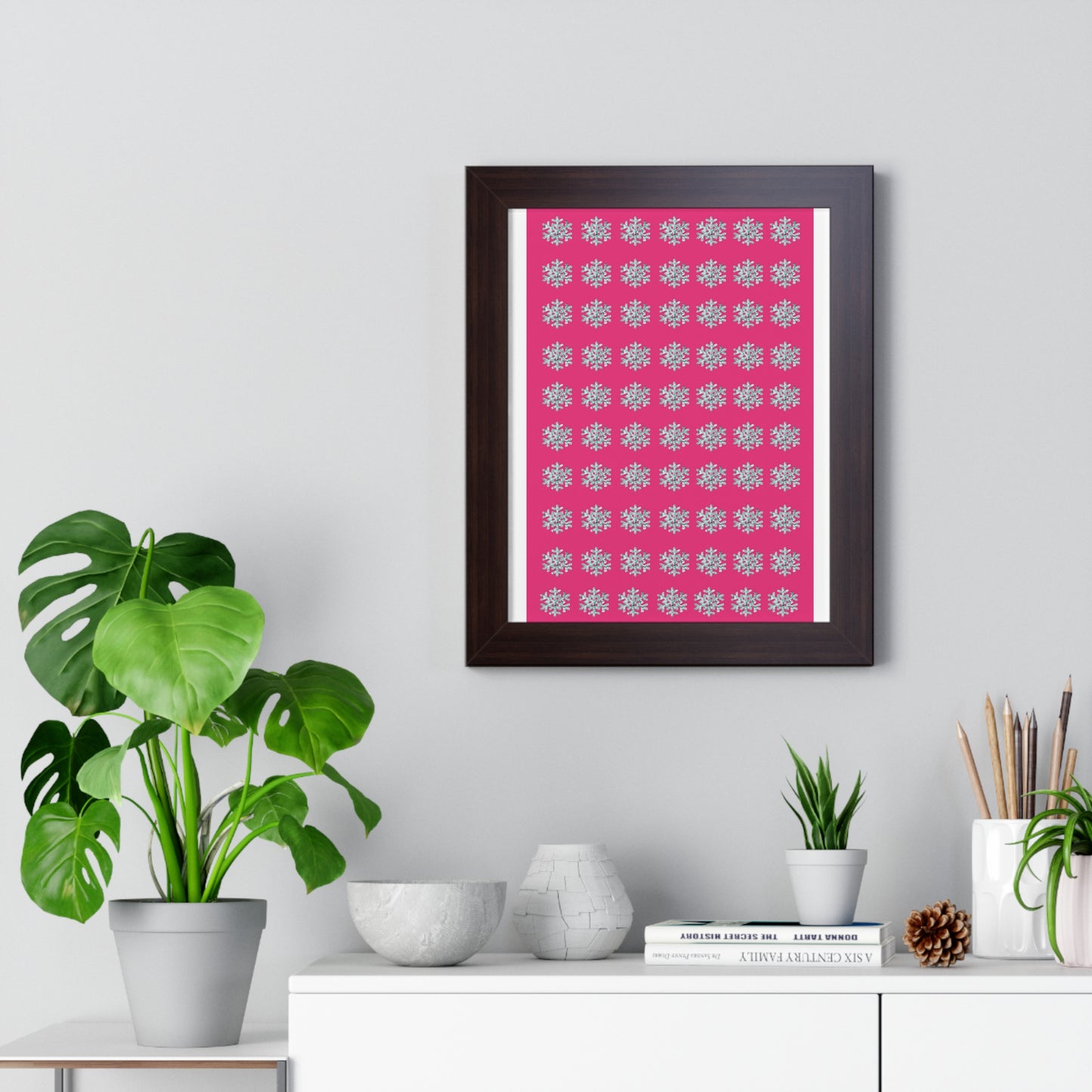 Snowflake Pattern Pink Framed Vertical Poster