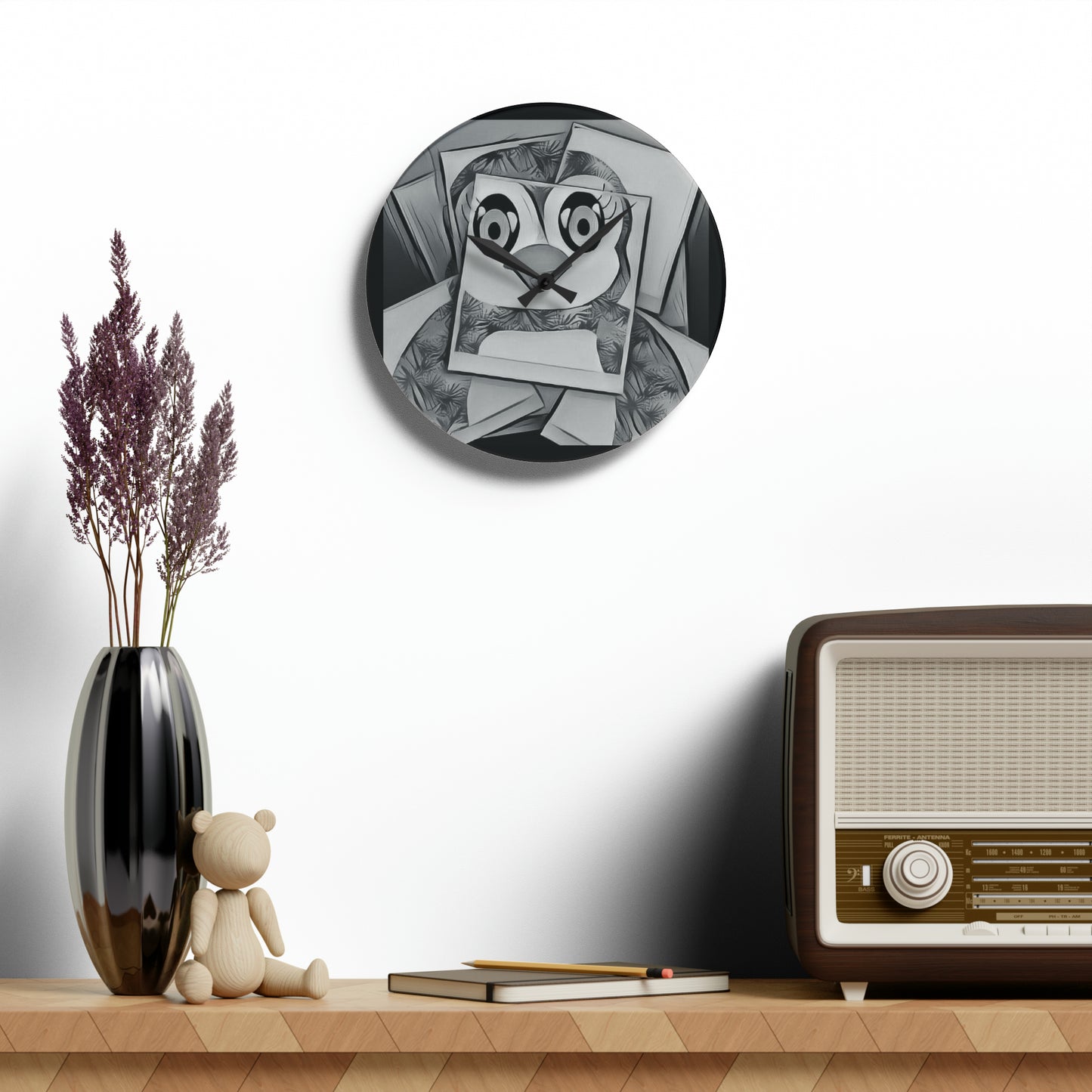 The Penguinies Black & White Photograph Acrylic Wall Clock