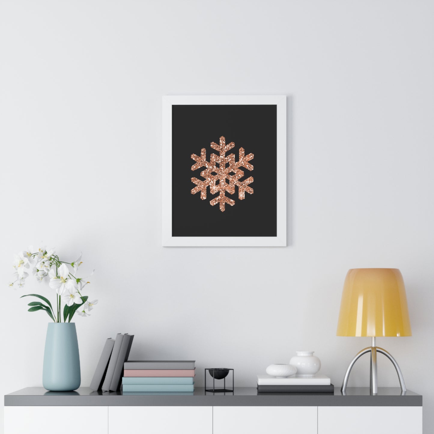 Rose Gold Snowflake Art Framed Vertical Poster