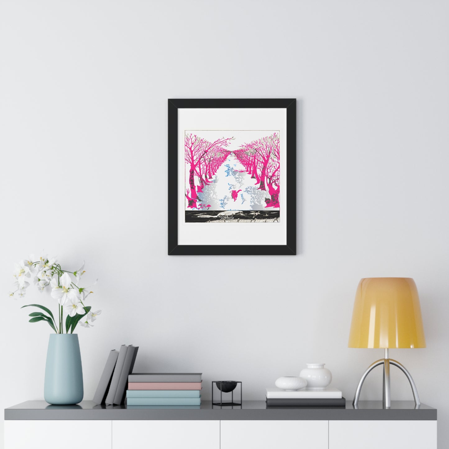 Pink Cat in the Woods Art Work Framed Vertical Poster