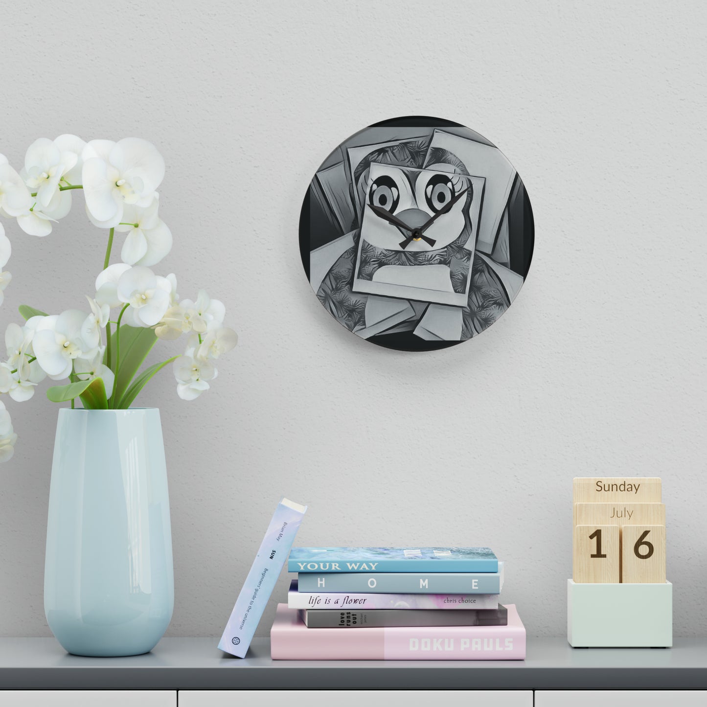 The Penguinies Black & White Photograph Acrylic Wall Clock