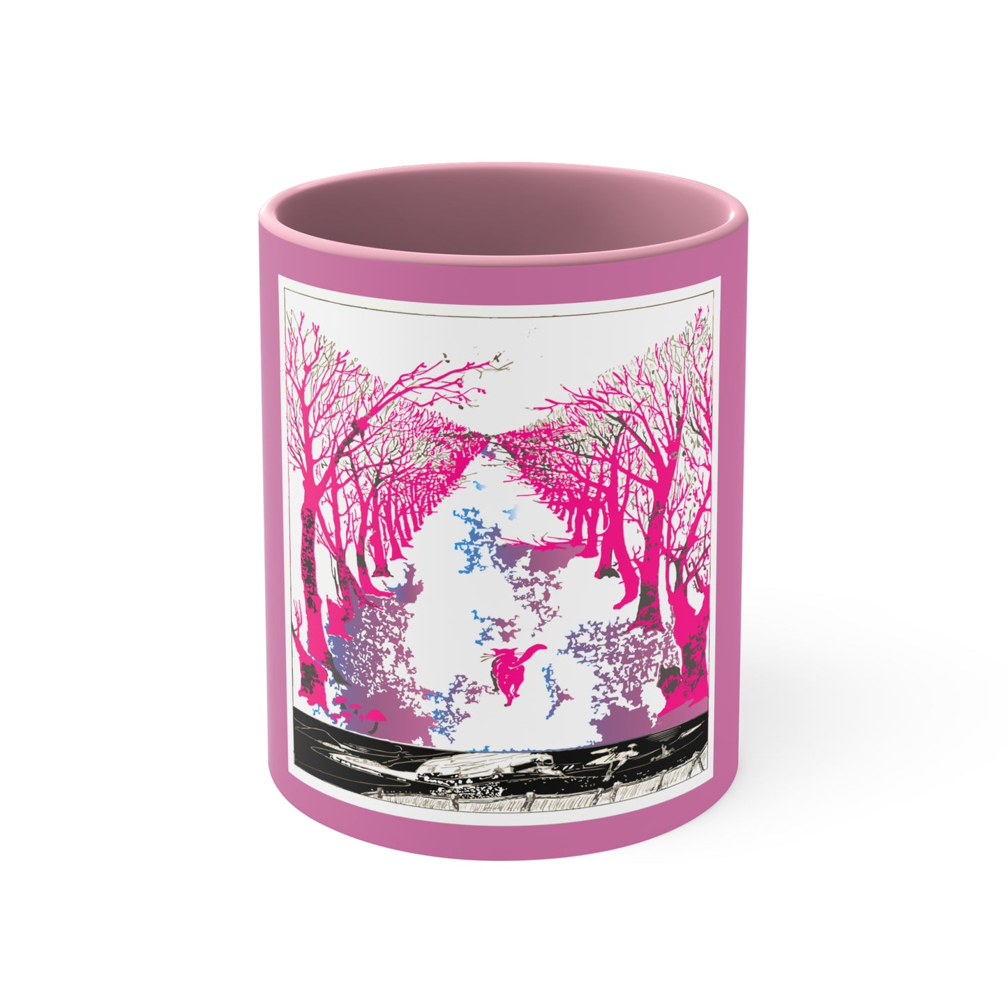 Pink Cat in the Woods Art Accent Coffee Mug, 11oz