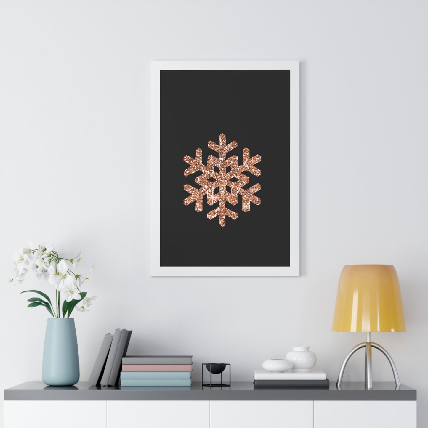 Rose Gold Snowflake Art Framed Vertical Poster