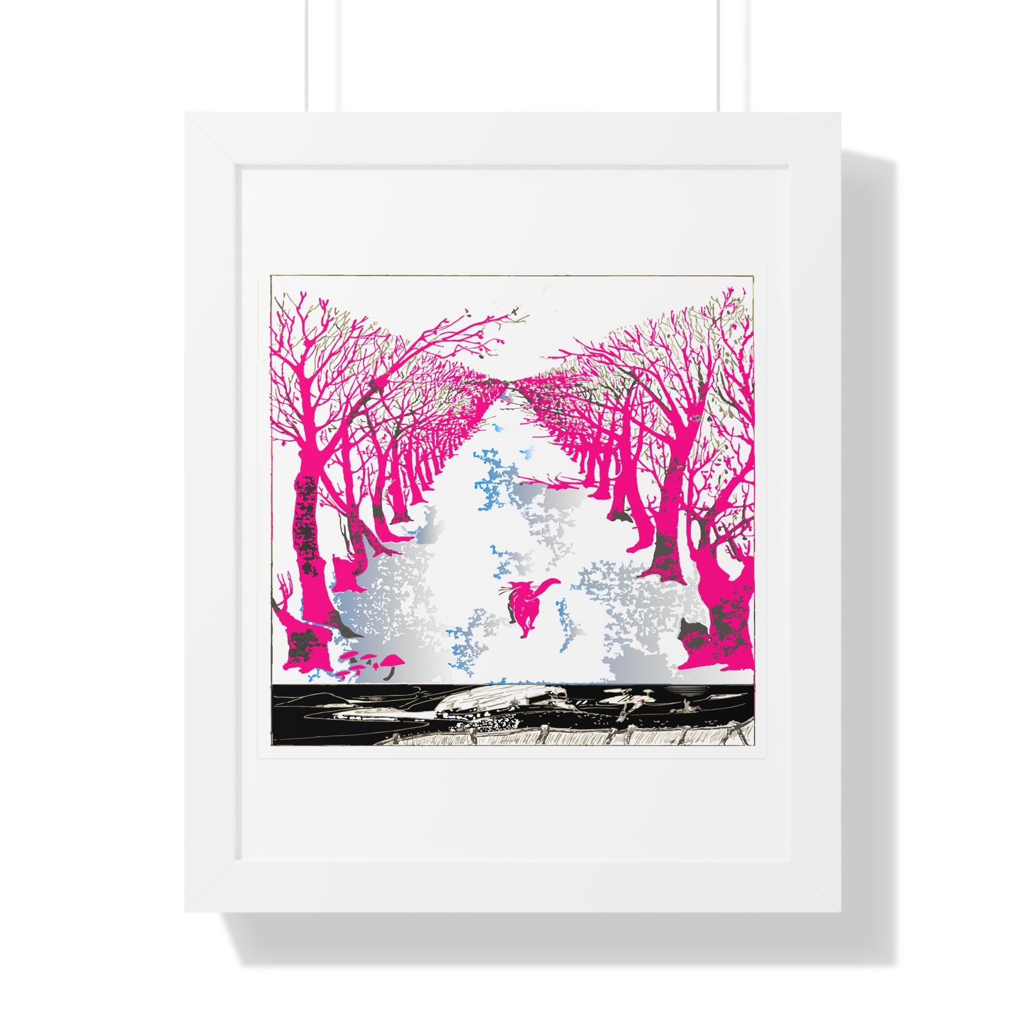 Pink Cat in the Woods Art Work Framed Vertical Poster