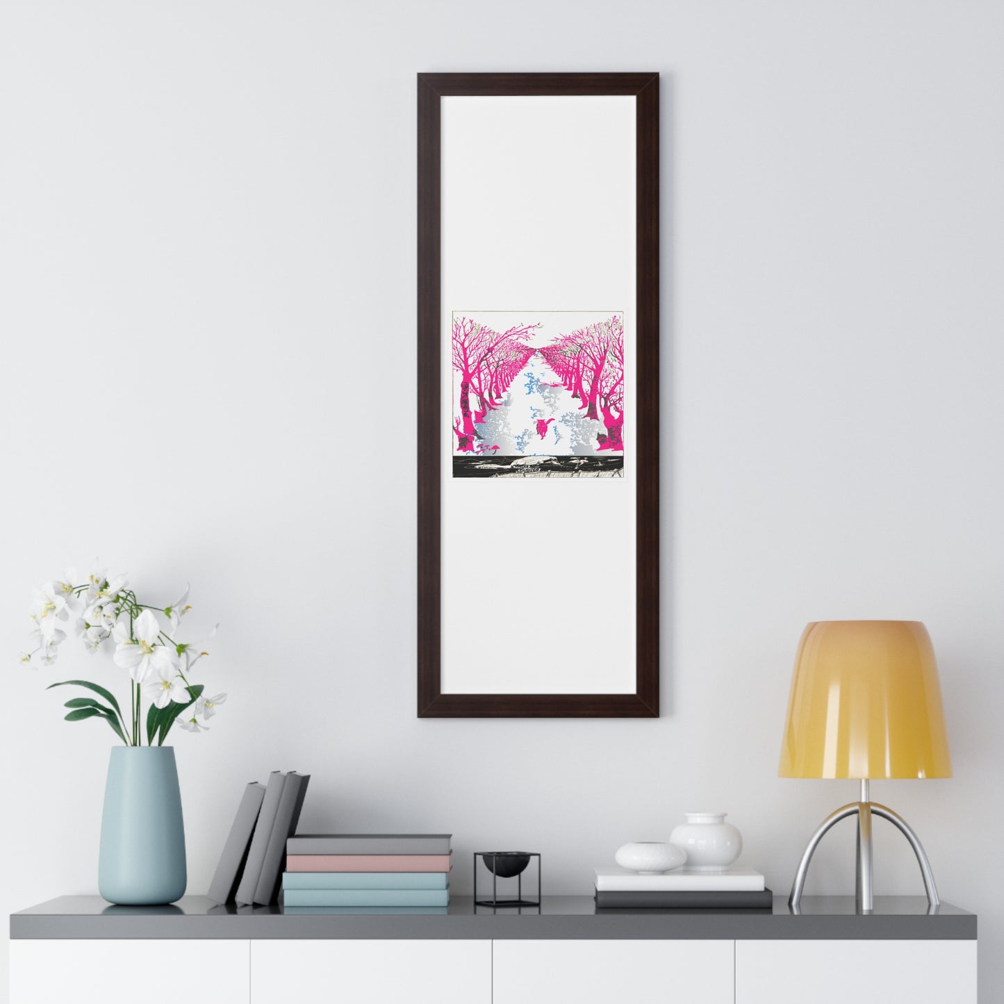 Pink Cat in the Woods Art Work Framed Vertical Poster