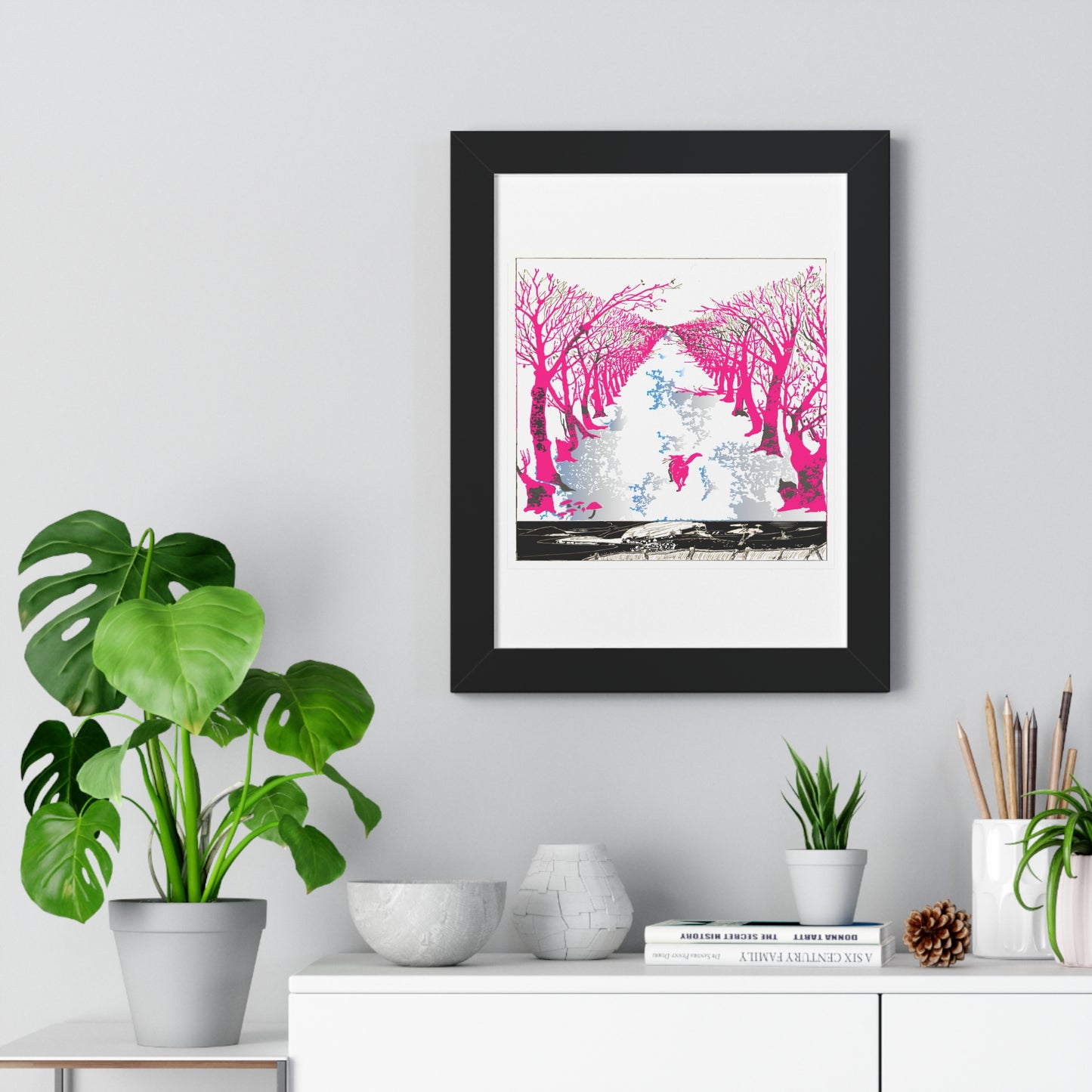 Pink Cat in the Woods Art Work Framed Vertical Poster