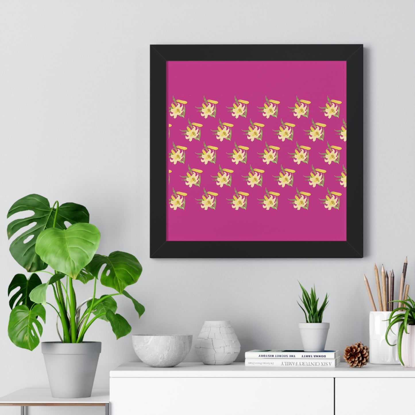 Daffodil Pattern Art Pink Framed Vertical Poster