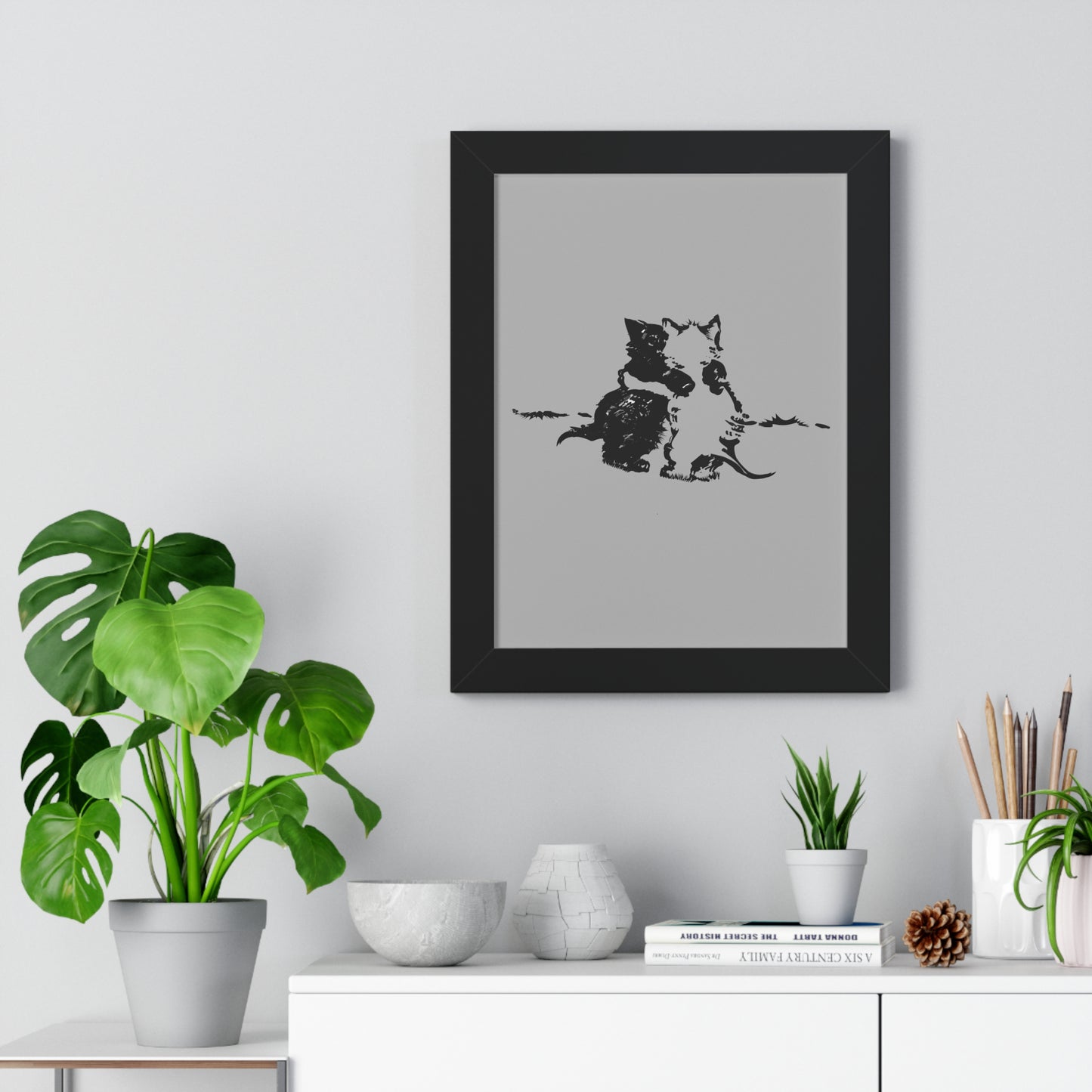 Kissing Cats Black & White Framed Vertical Poster