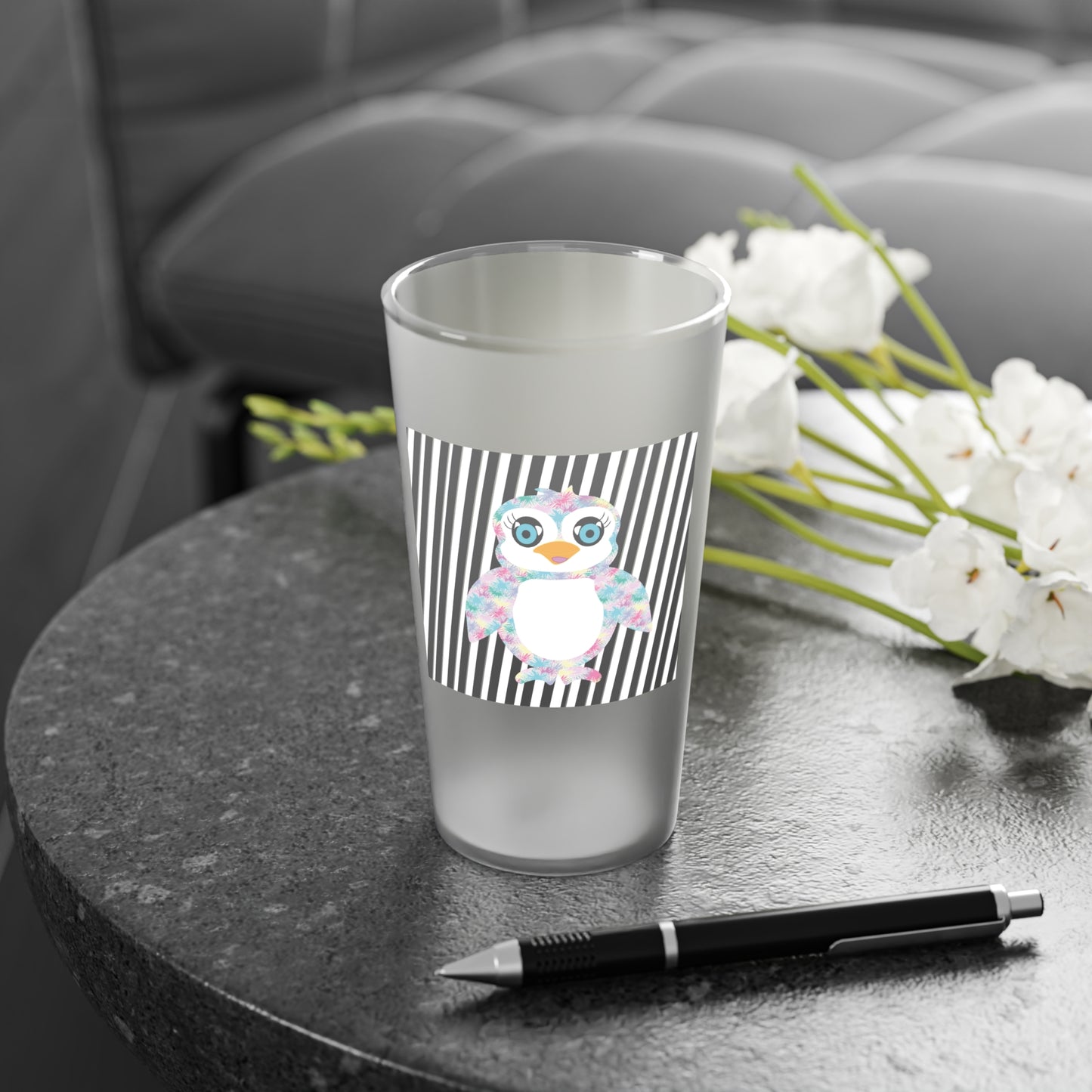 Penguinie Black & White Stripes Frosted Pint Glass, 16oz