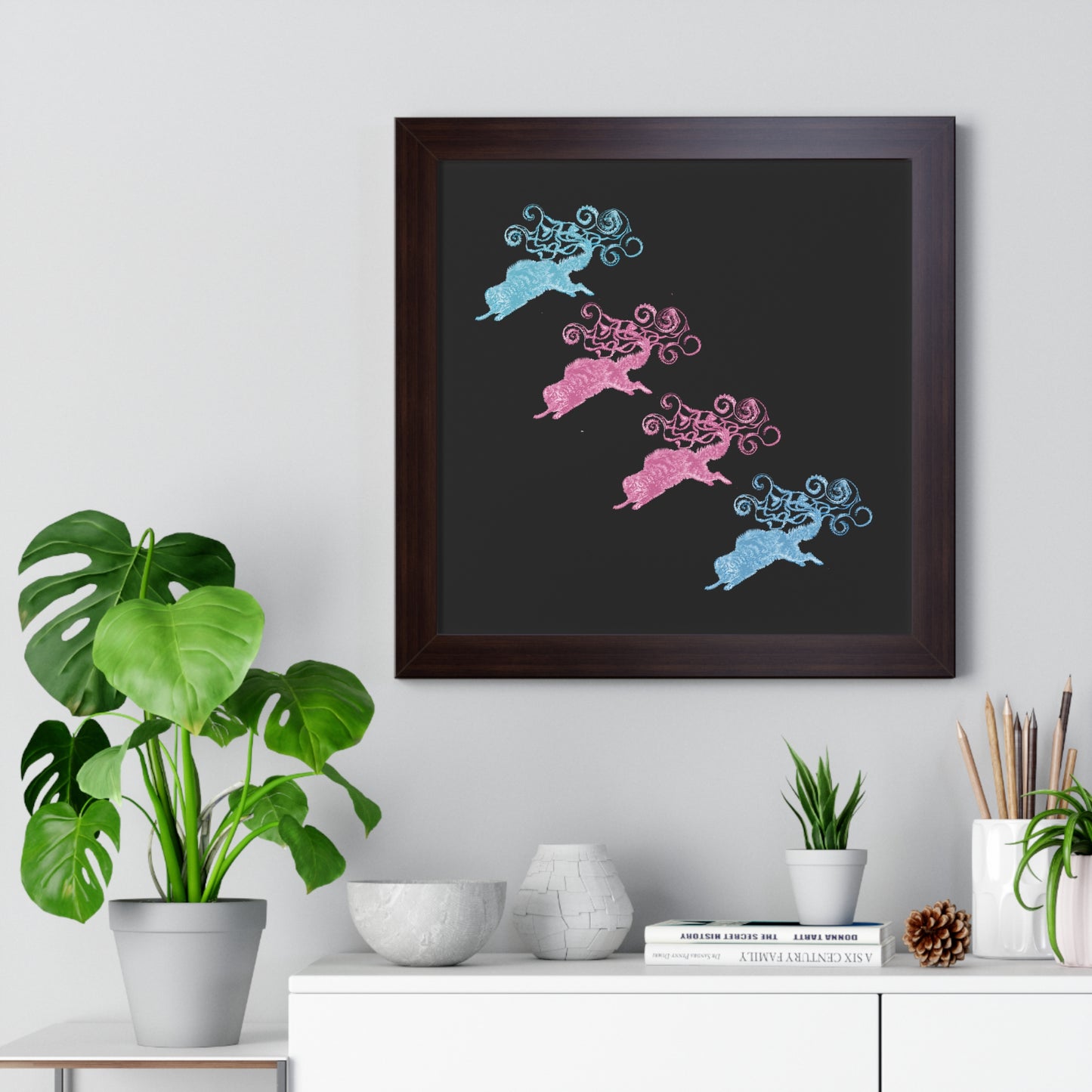 Pink & Blue Four Cat's Tail's Art Framed Vertical Poster