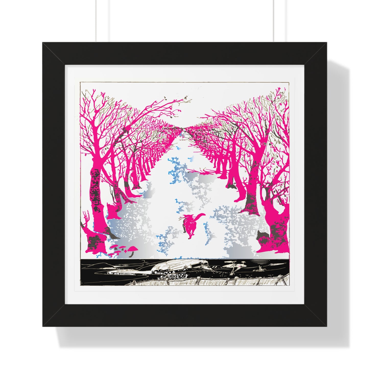 Pink Cat in the Woods Art Work Framed Vertical Poster