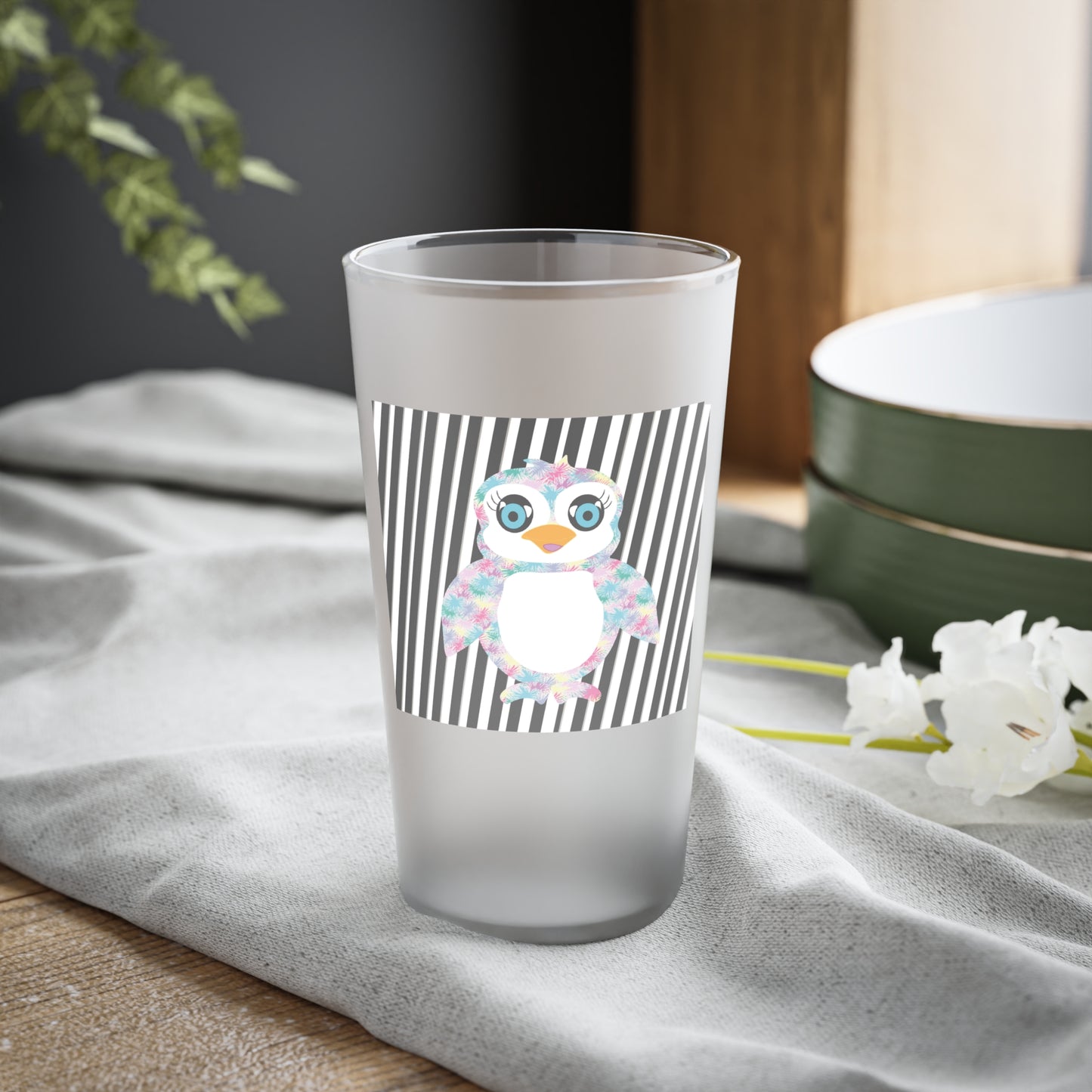 Penguinie Black & White Stripes Frosted Pint Glass, 16oz