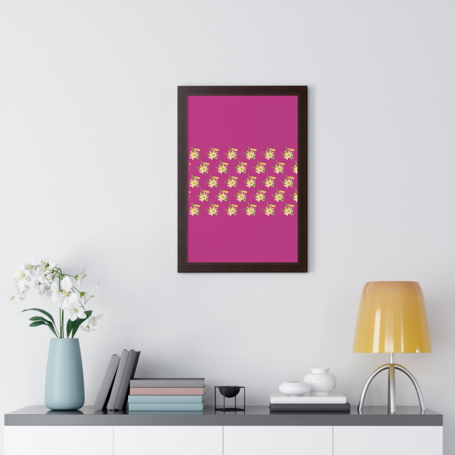 Daffodil Pattern Art Pink Framed Vertical Poster