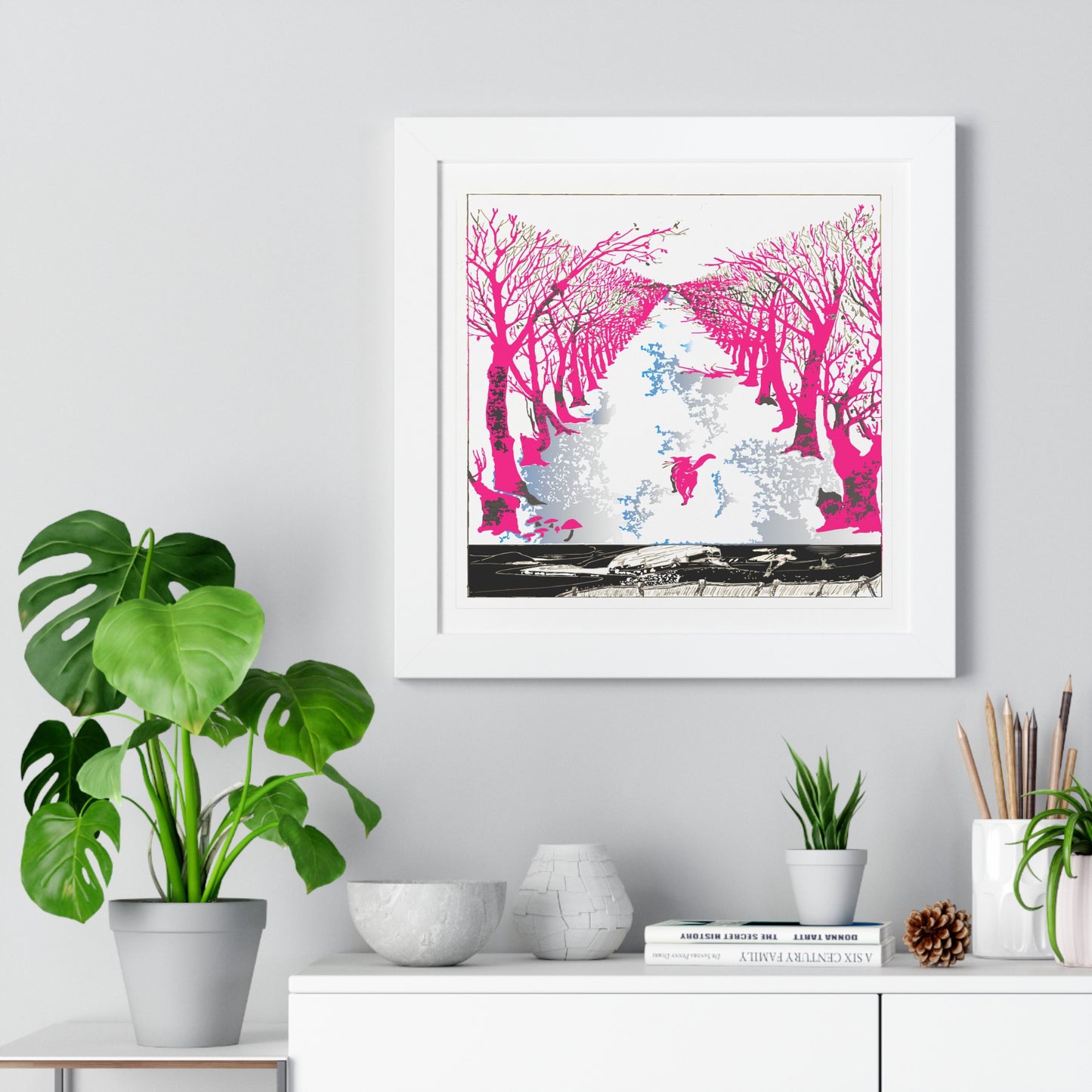 Pink Cat in the Woods Art Work Framed Vertical Poster