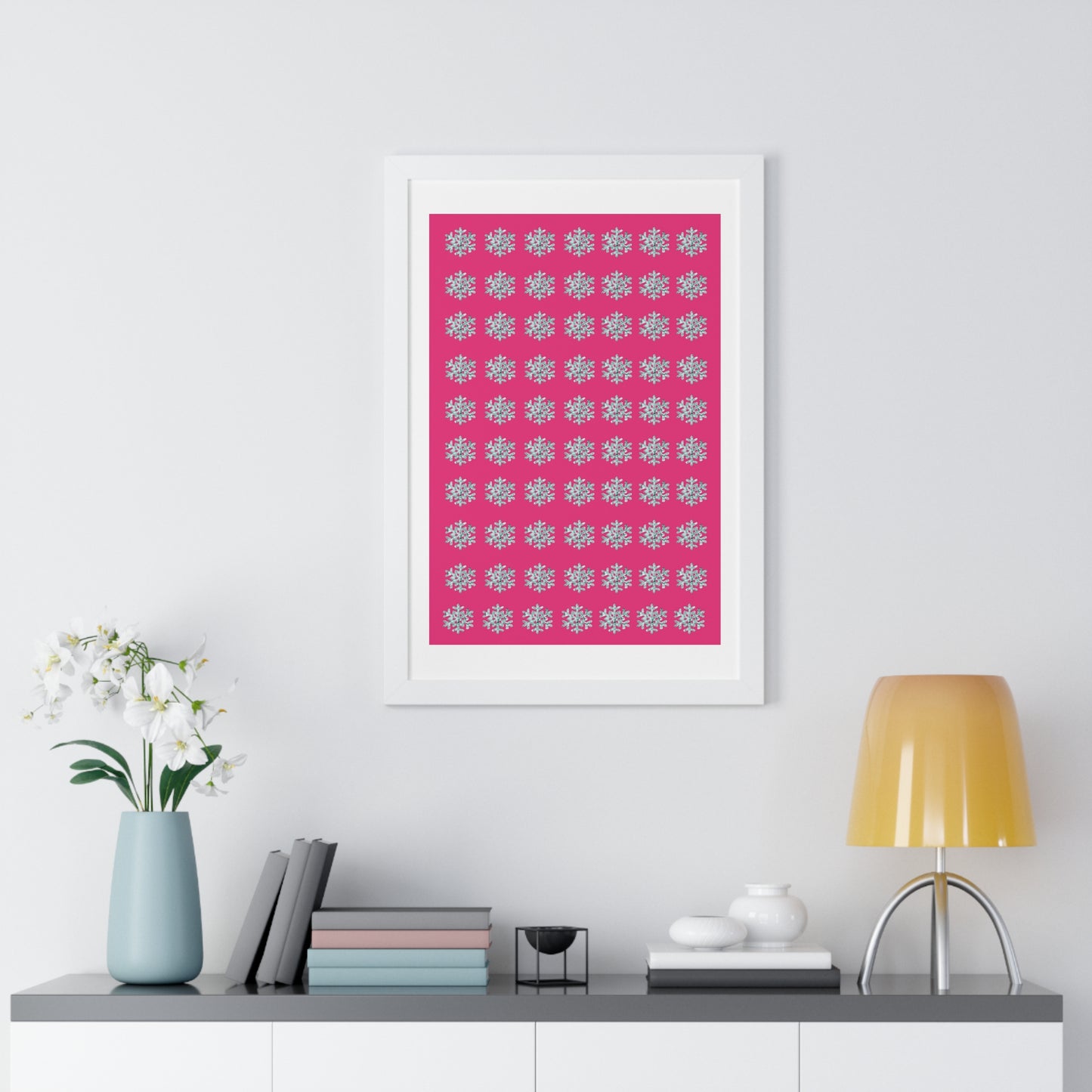 Snowflake Pattern Pink Framed Vertical Poster