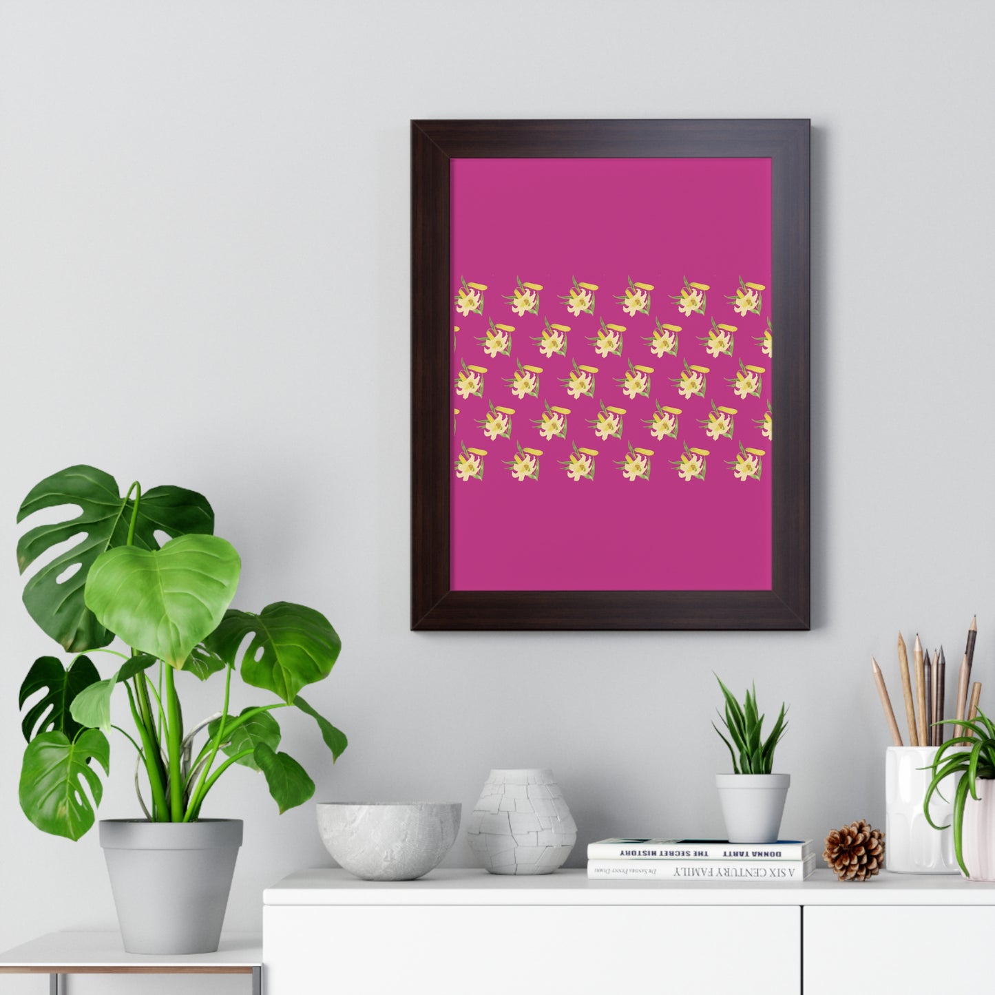 Daffodil Pattern Art Pink Framed Vertical Poster